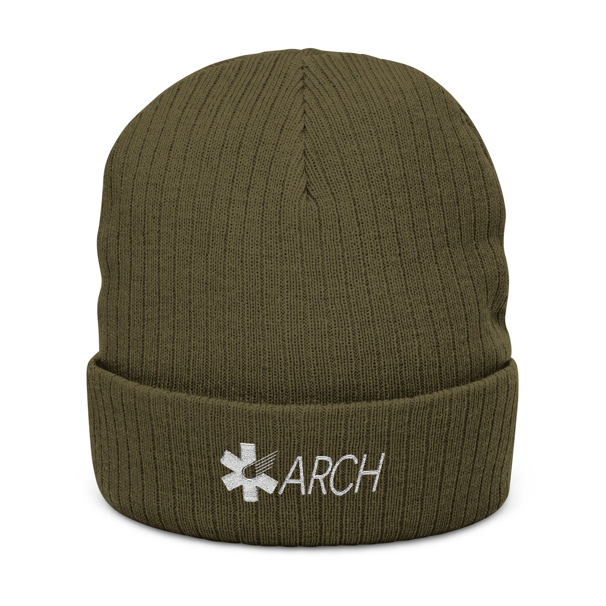 Green knit beanie with embroidered 'ARCH' logo by Rotor Wash & Wear