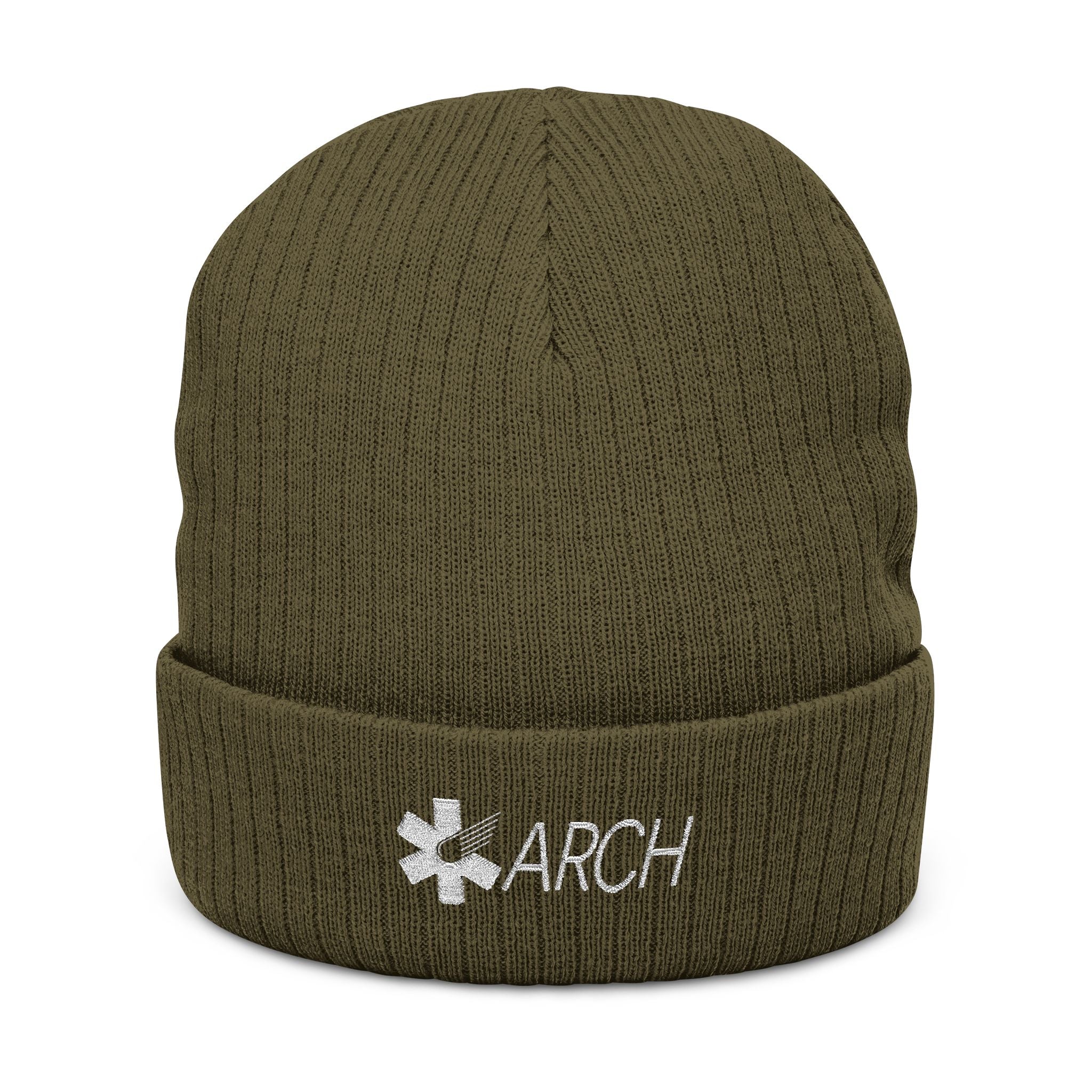 Green knit beanie with embroidered 'ARCH' logo by Rotor Wash & Wear