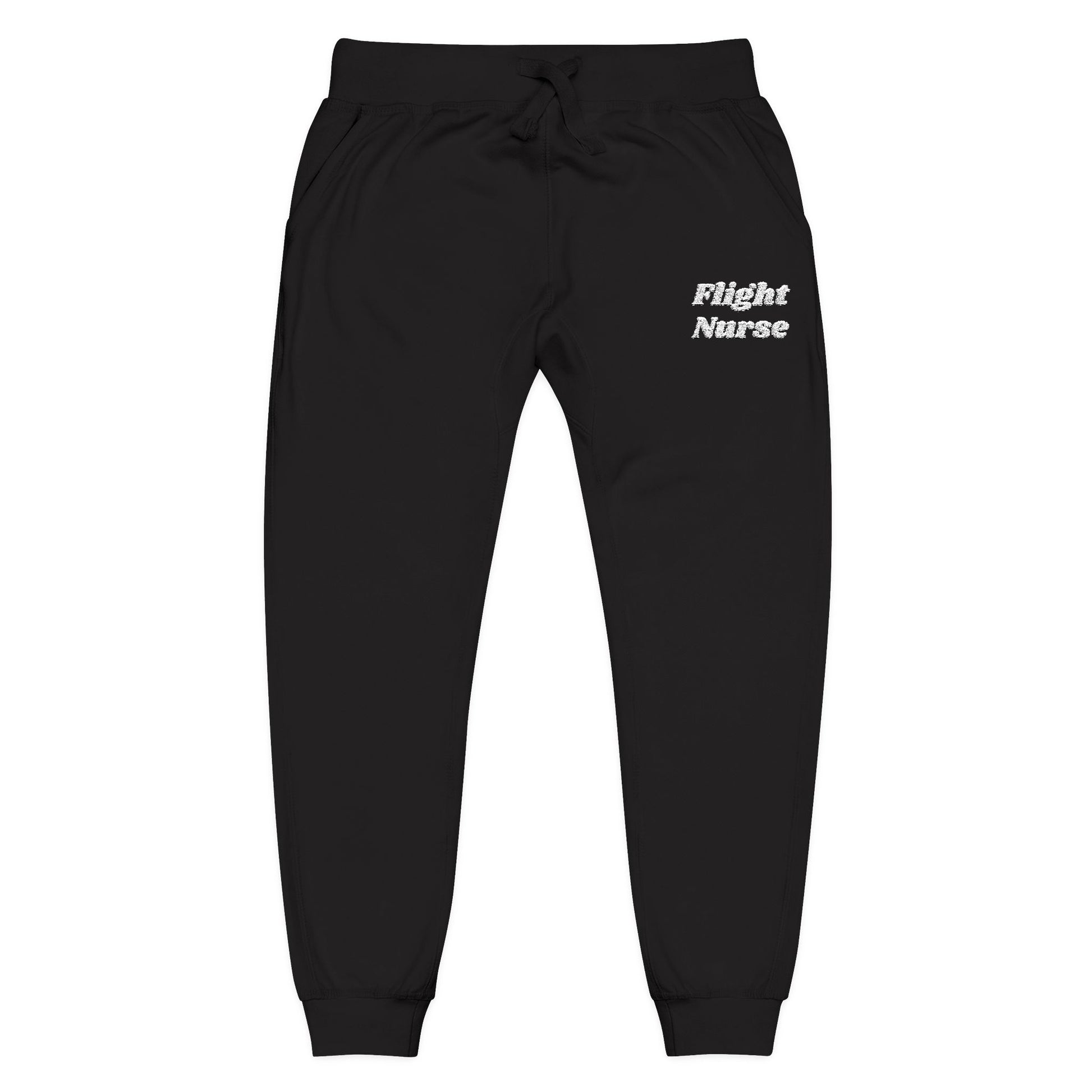 Black  joggers with 'Flight Nurse' embroidered text on a white background