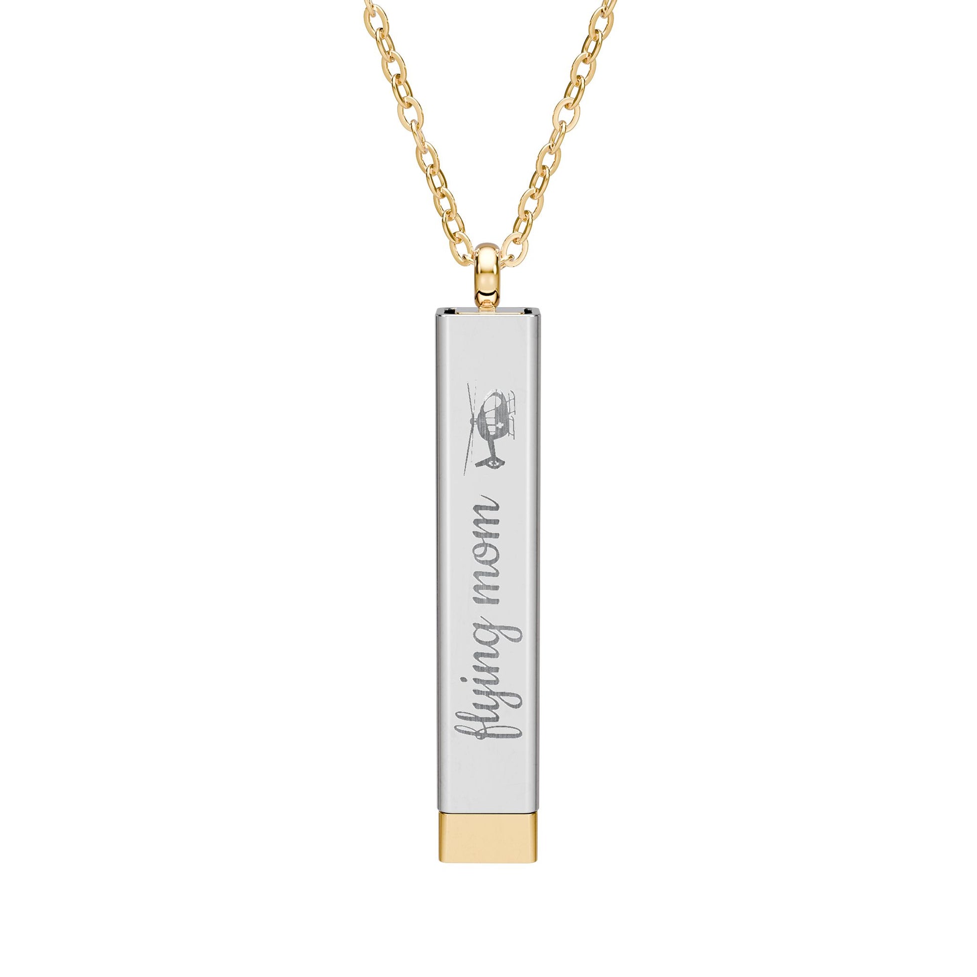 Silver and gold two-toned necklace with a cylindrical pendant engraved with 'flying mom' with hidden interior engraving "you're their hero" by Rotor Wash & Wear