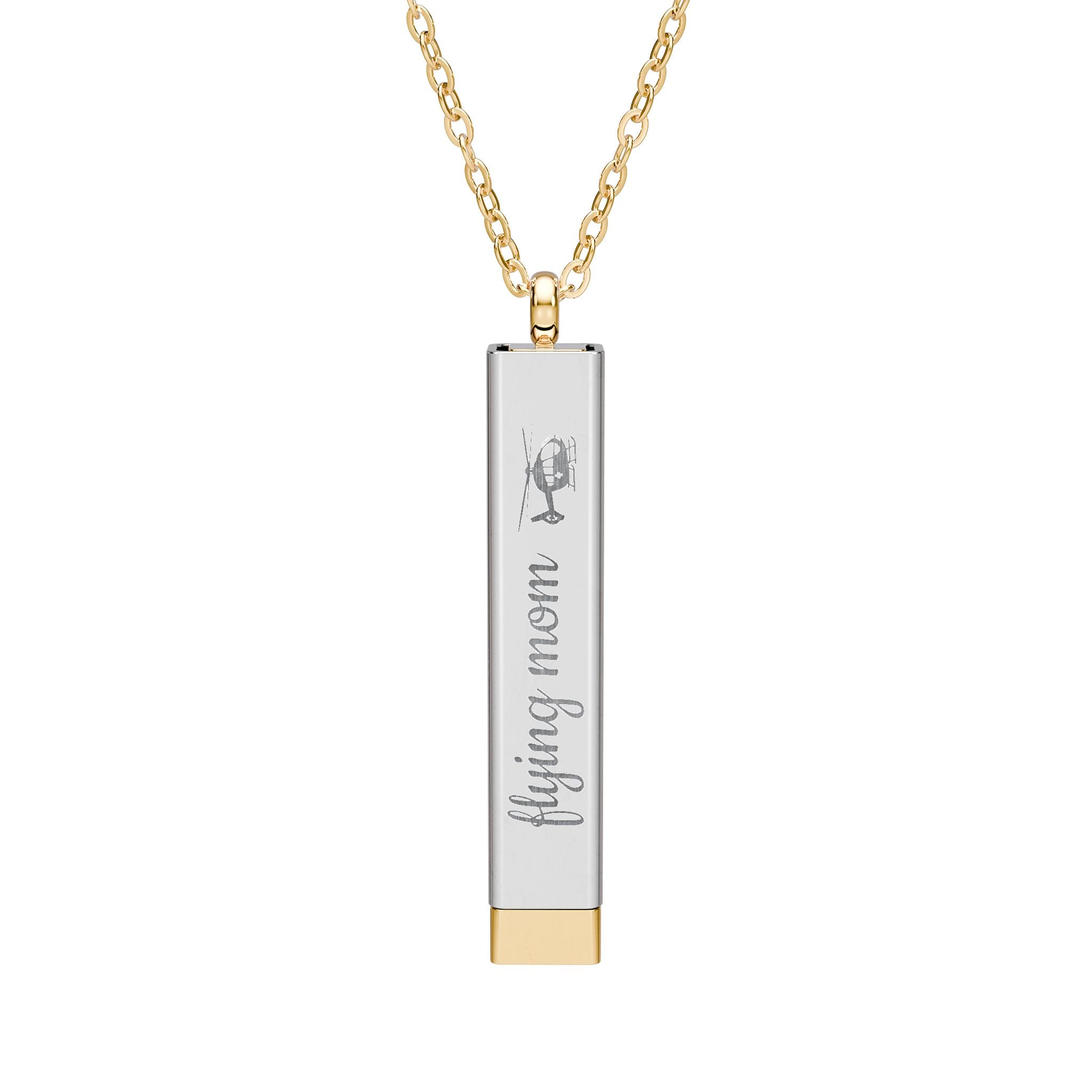 Silver and gold two-toned necklace with a cylindrical pendant engraved with 'flying mom' with hidden interior engraving "you're their hero" by Rotor Wash & Wear