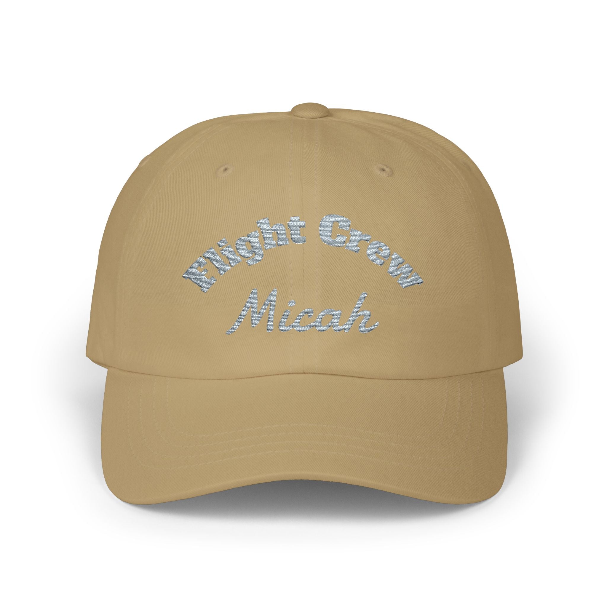 Beige cap with 'Flight Crew Micah' text on a white background
