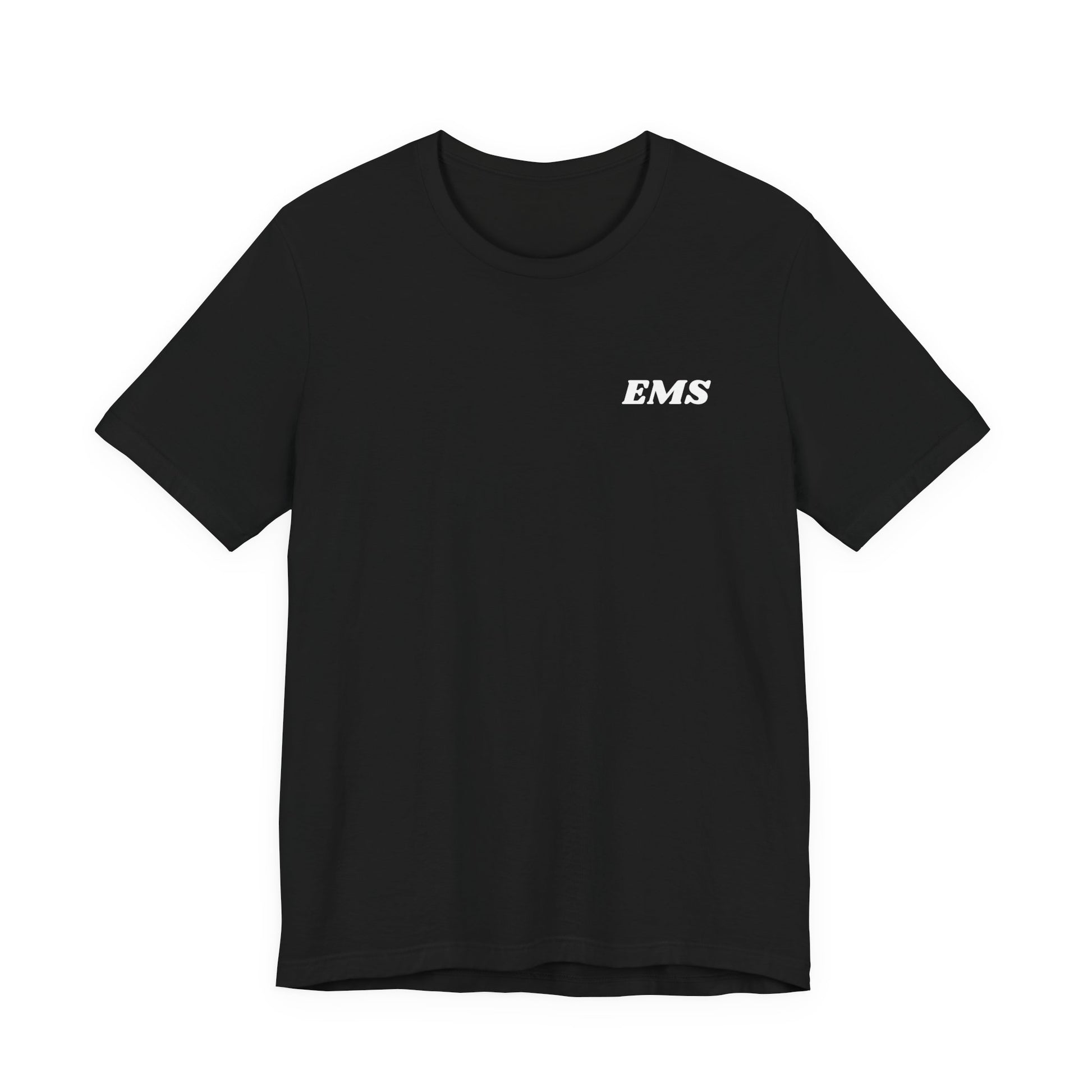Black t-shirt with 'EMS' logo on a white background