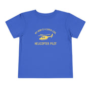 Blue toddler t-shirt with yellow text "My mom is a super cool helicopter pilot" and helicopter graphic by Rotor Wash & Wear