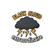 Sticker with a black cloud, lightning bolts, and raindrops with 'Black Cloud Extraordinaire' text on a white background.