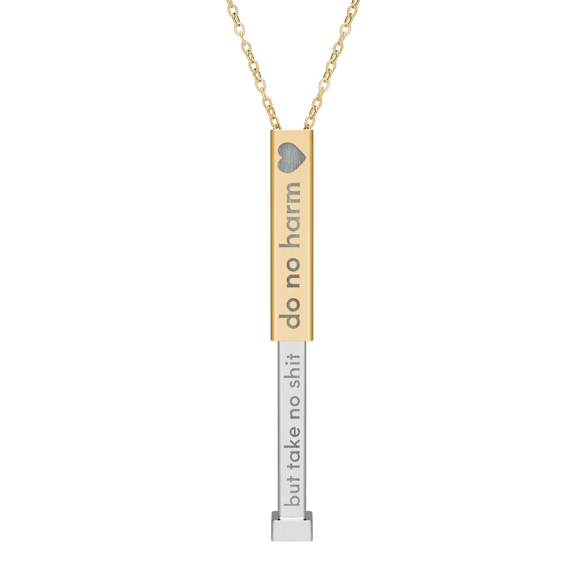 Silver and gold two-toned necklace with a cylindrical pendant engraved with 'do no harm' with interior engraving "but take no shit" by Rotor Wash & Wear