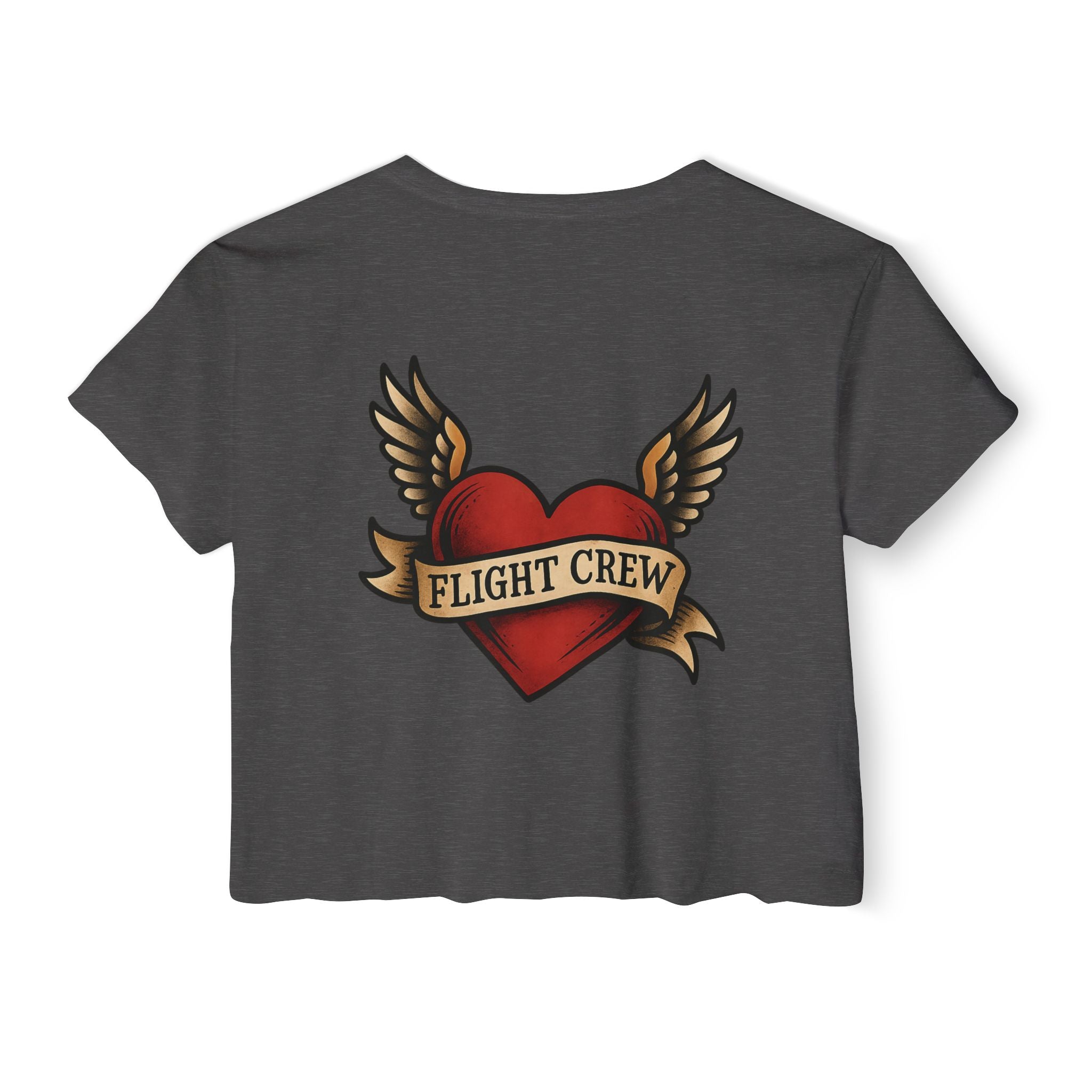 Dark gray crop top with a red heart and wings design featuring 'FLIGHT CREW' text on a white background
