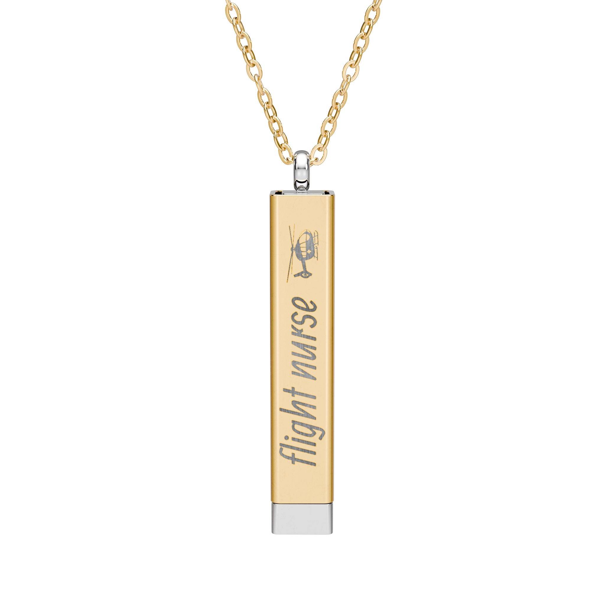 Silver and gold two-toned necklace with a cylindrical pendant engraved with 'flight nurse' with hidden interior engraving "badass mom" by Rotor Wash & Wear