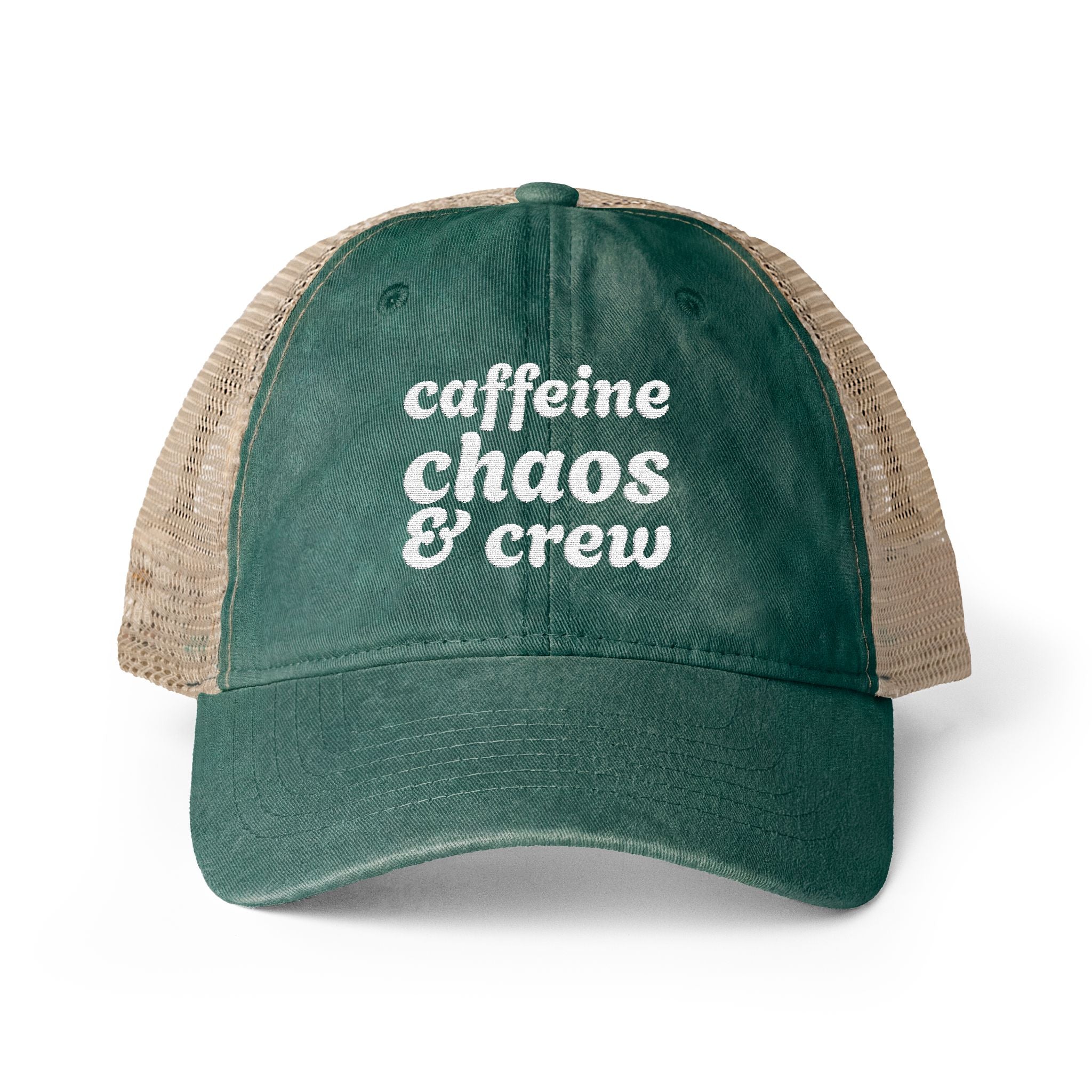 Women's "Caffeine, Chaos & Crew" Embroidered Trucker Hat