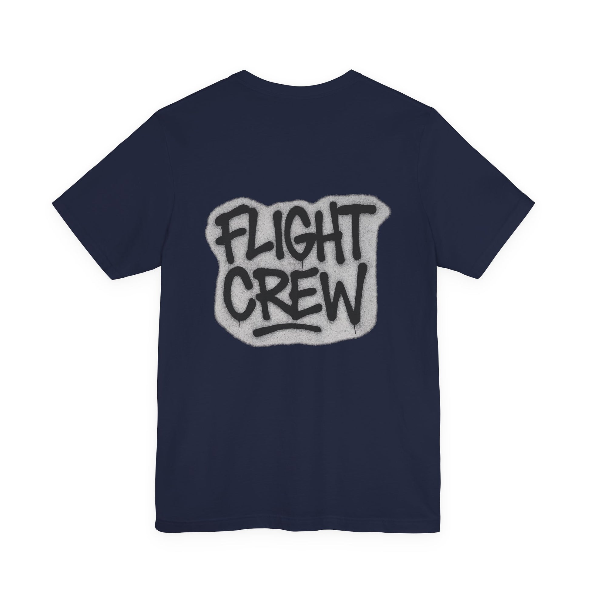 Navy t-shirt with graffiti style 'FLIGHT CREW' text on a white background