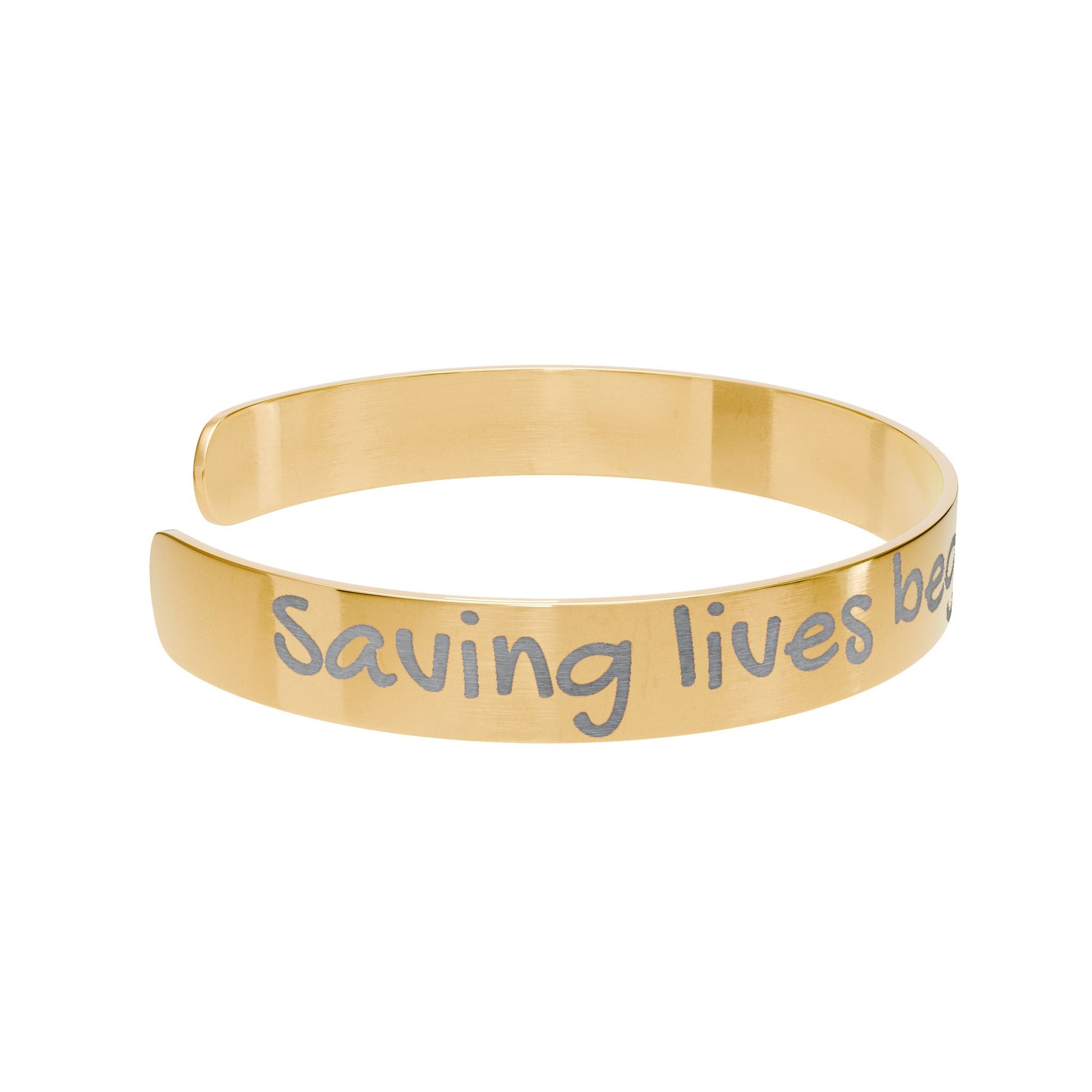 Gold bracelet with engraved text "saving lives begins with kindness" by Rotor Wash & Wear and EMS Avenger