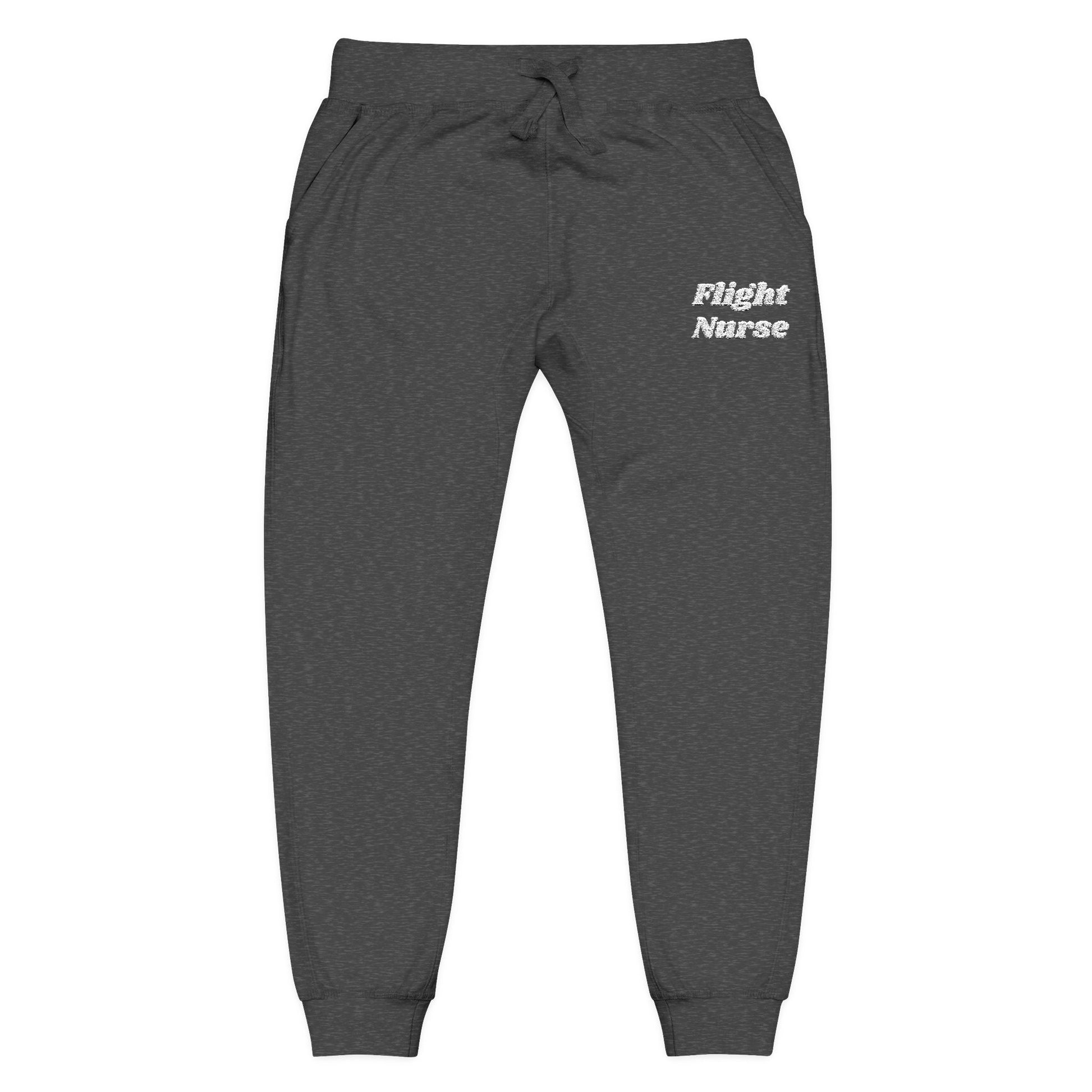 Dark gray  joggers with 'Flight Nurse' embroidered text on a white background