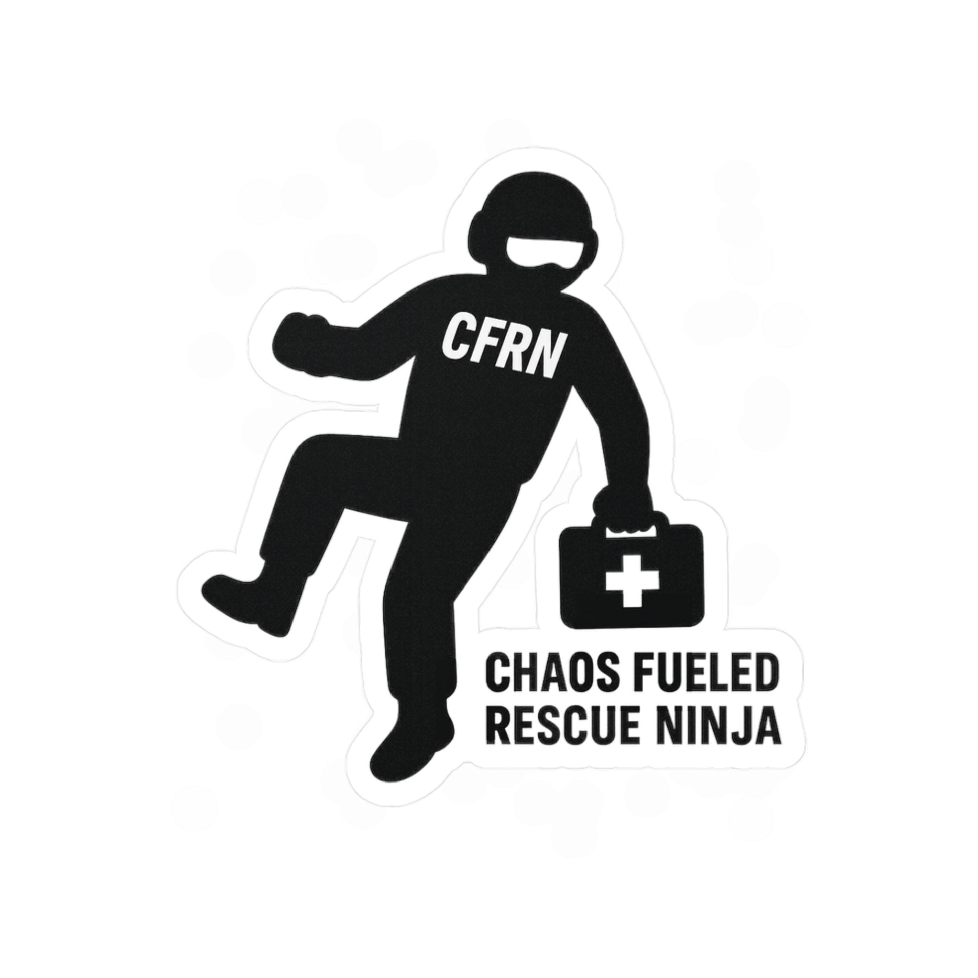Black silhouette of a flight nurse labeled 'CFRN' with a first aid kit, text 'Chaos Fueled Rescue Ninja' on a white background.