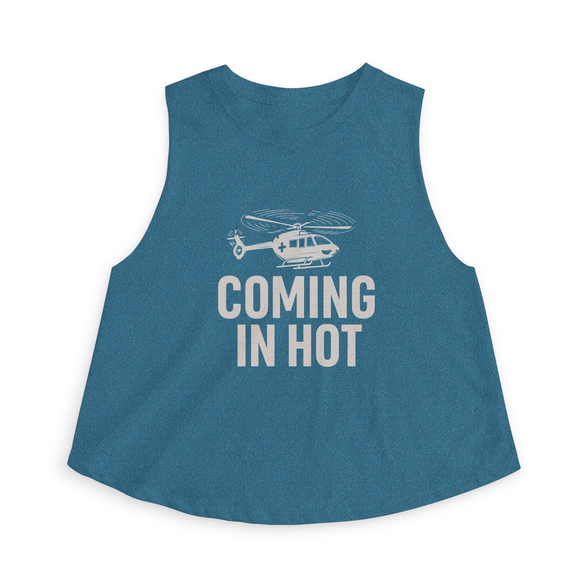 Blue sleeveless top with helicopter graphic and 'Coming in Hot' text by Rotor Wash & Wear