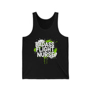 Black tank top with 'BADASS FLIGHT NURSE' text and green splashes on a white background