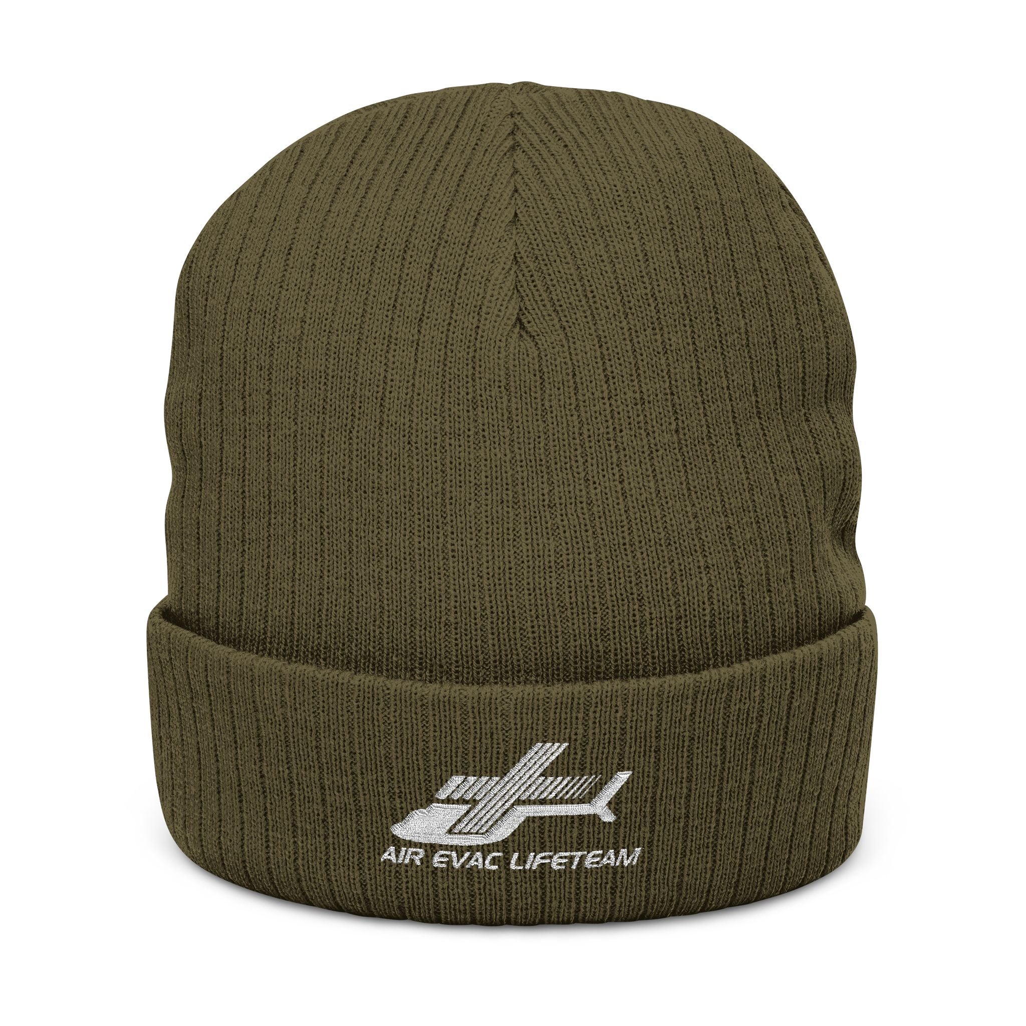 Olive green knit beanie with 'Air Evac Lifeteam' logo embroidery on a white background