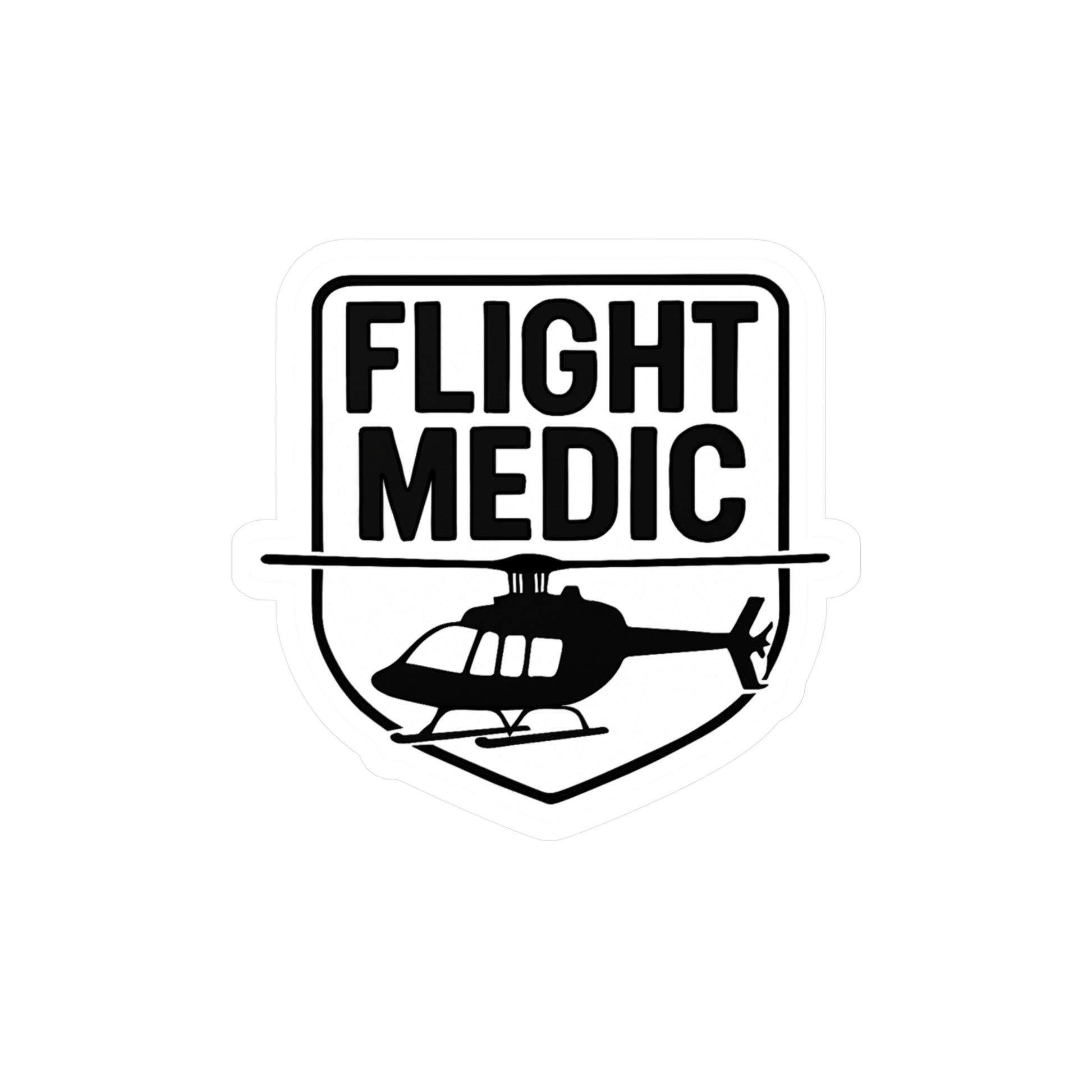 Black and white sticker with 'FLIGHT MEDIC' text and helicopter silhouette on a white background