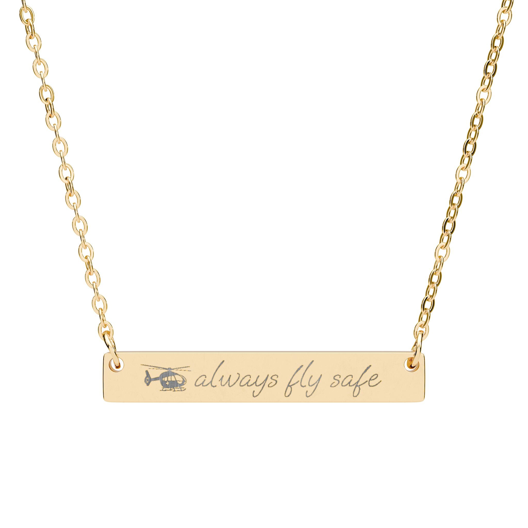 Gold necklace with a medical helicopter and 'always fly safe' engraving on a white background