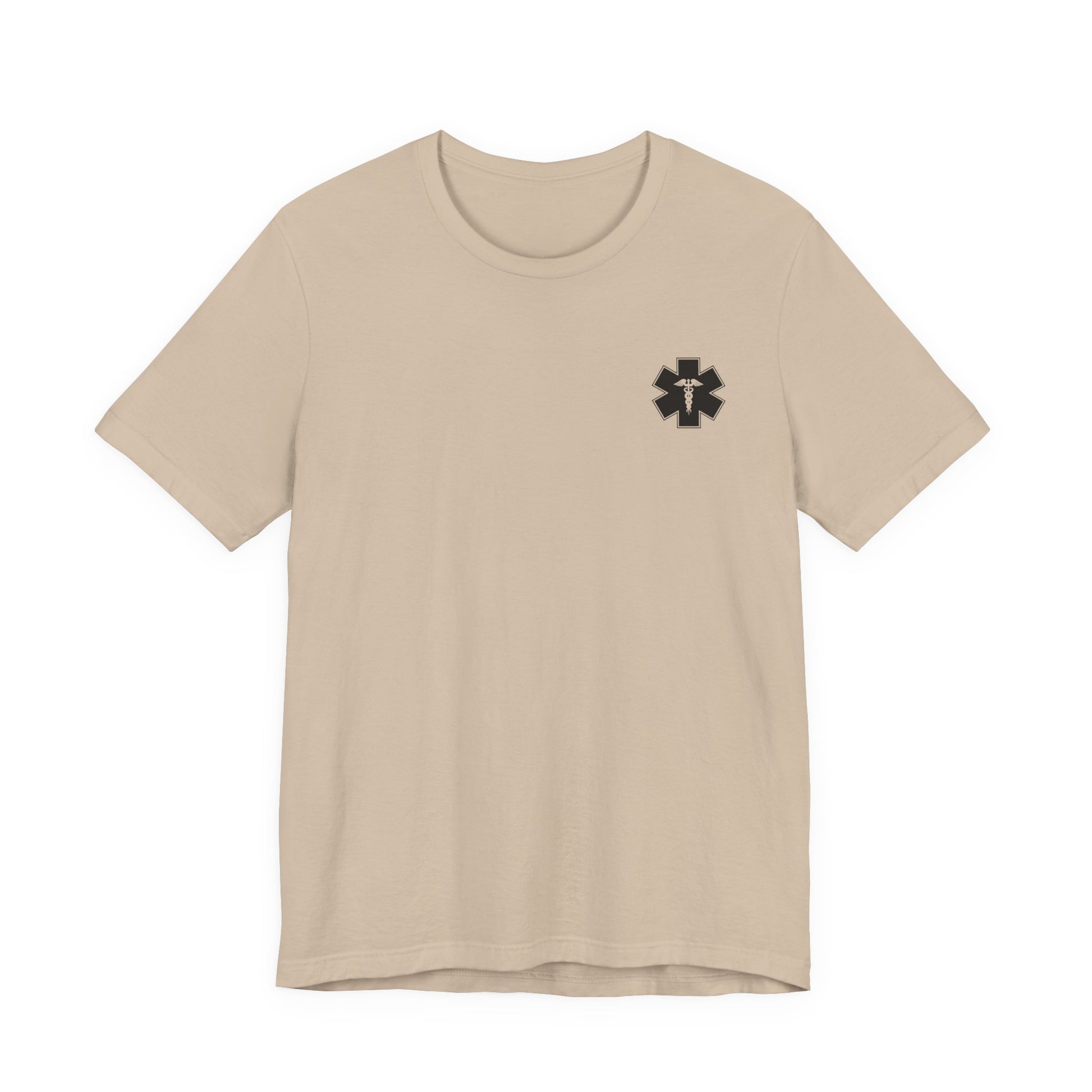 Beige t-shirt with a black logo of the Star of Life on a white background