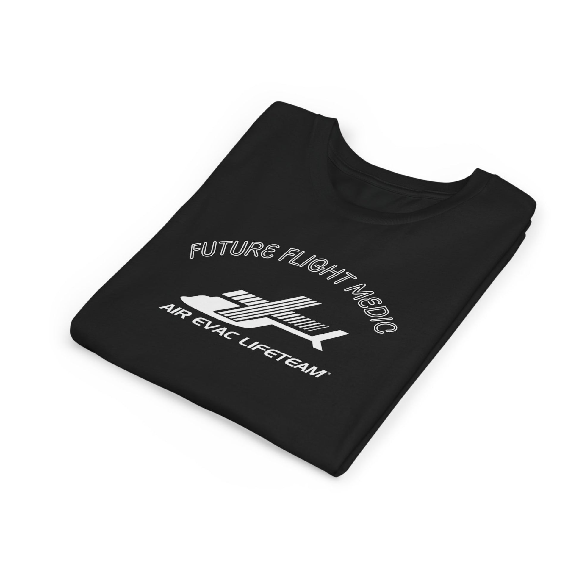 Folded black kid's t-shirt with Air Evac Lifeteam logo and text "Future Flight Medic" by Rotor Wash & Wear