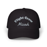 Black cap with 'Flight Crew Micah' text on a white background