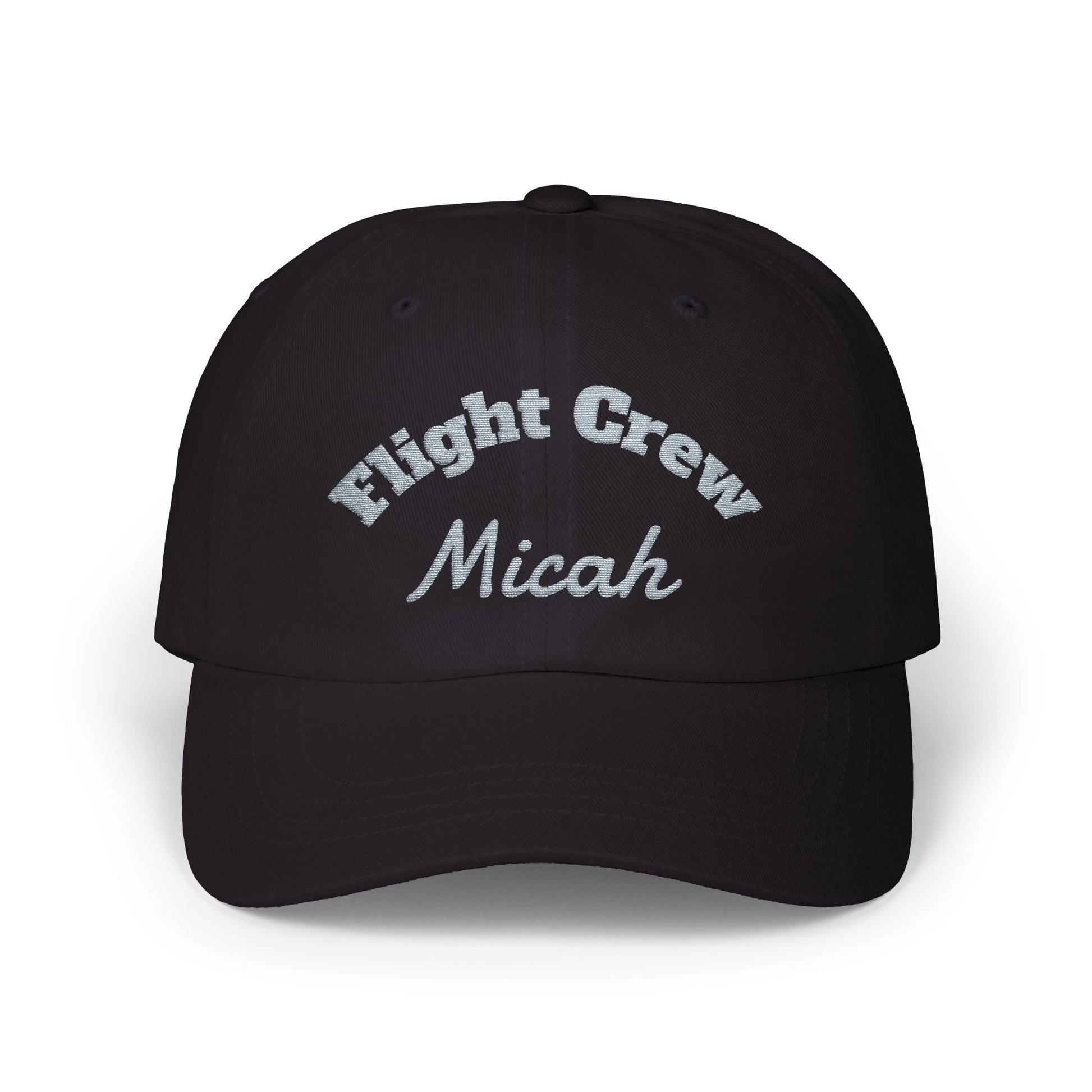 Black cap with 'Flight Crew Micah' text on a white background