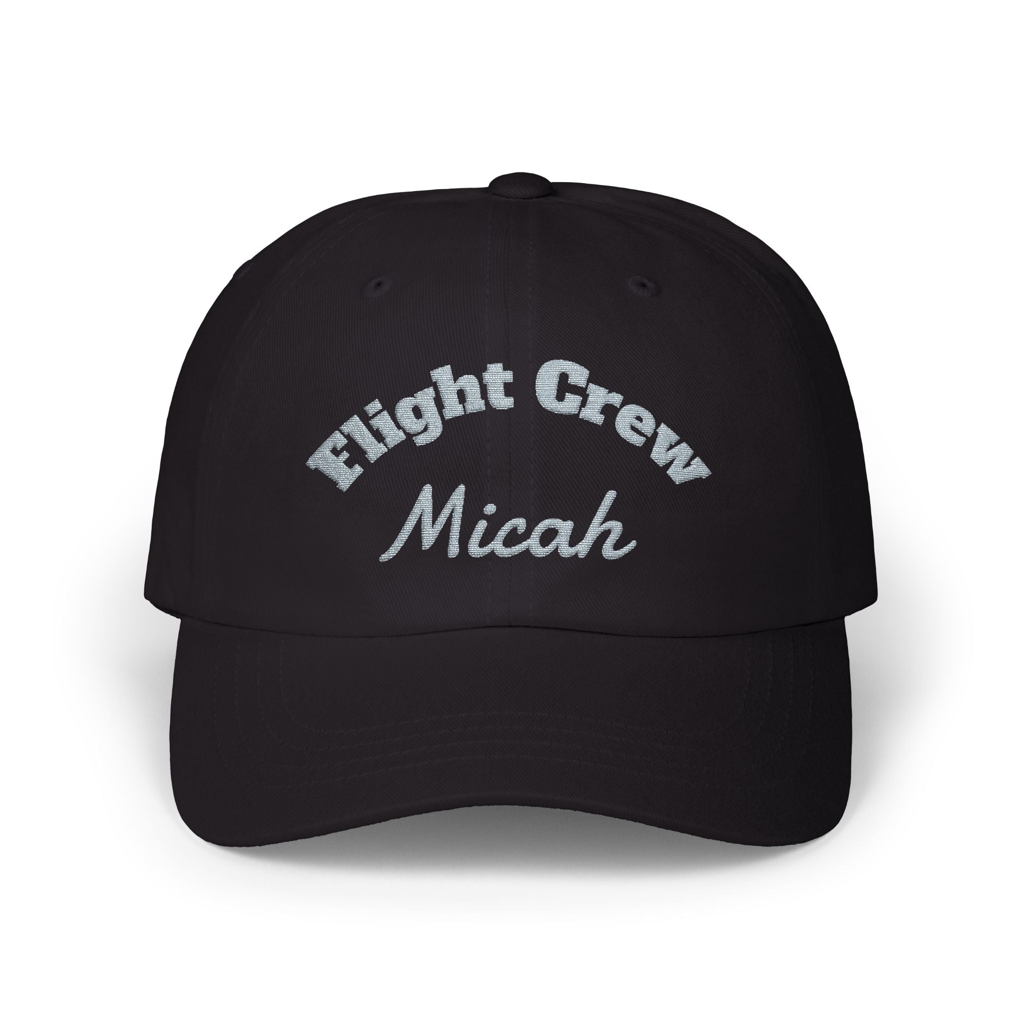 Black cap with 'Flight Crew Micah' text on a white background