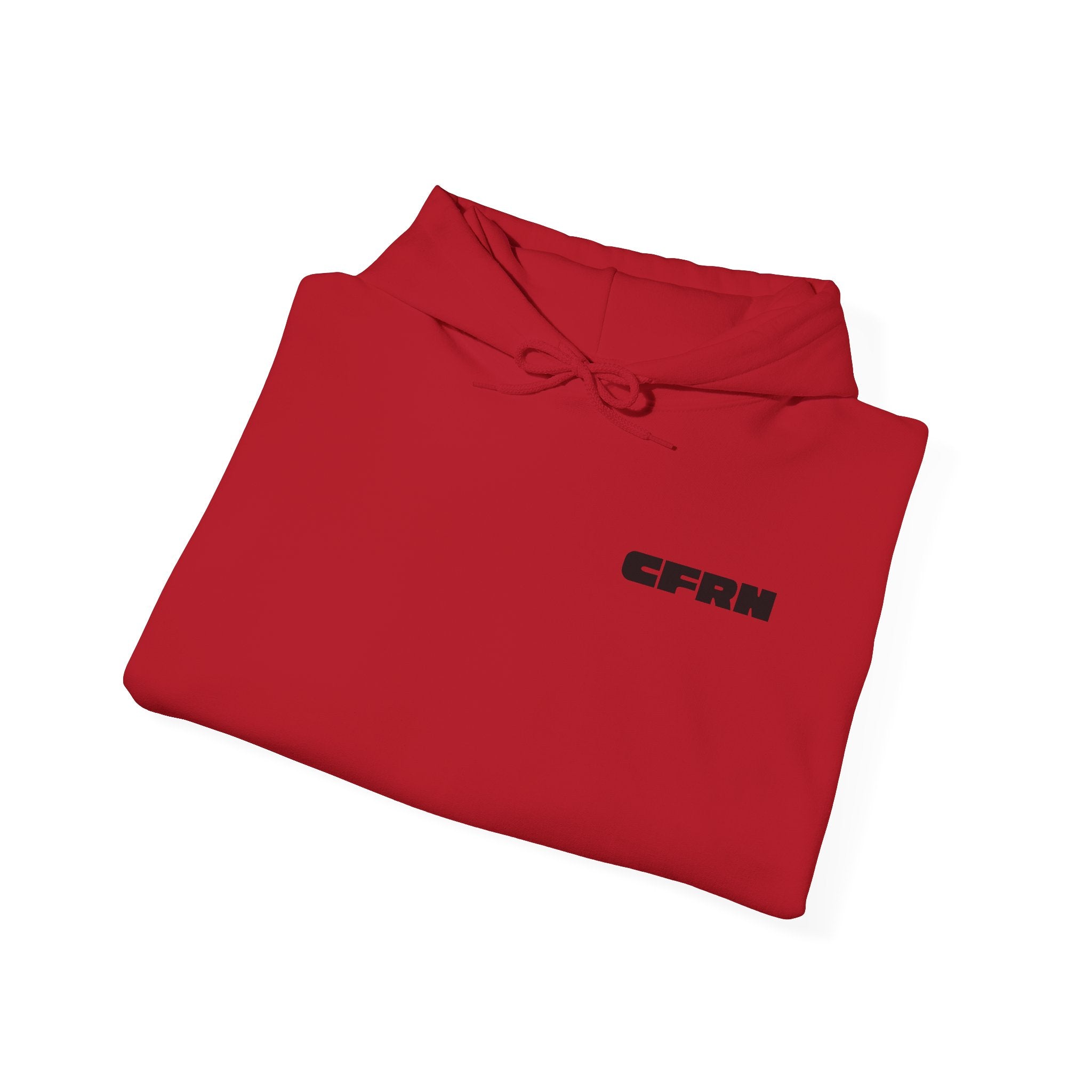 Folded red polo shirt with 'CFRN' logo on a white background