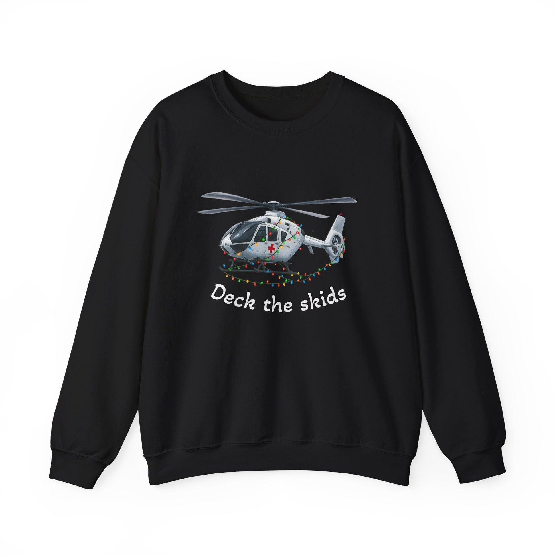 Black sweatshirt with a medical helicopter graphic wrapped in Christmas lights and text "deck the skids" by Rotor Wash & Wear