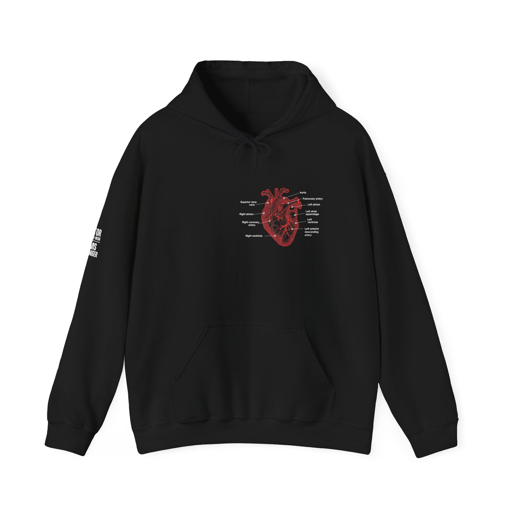 Black hoodie with a red anatomical with heart with labels by Rotor Wash & Wear and EMS Avenger