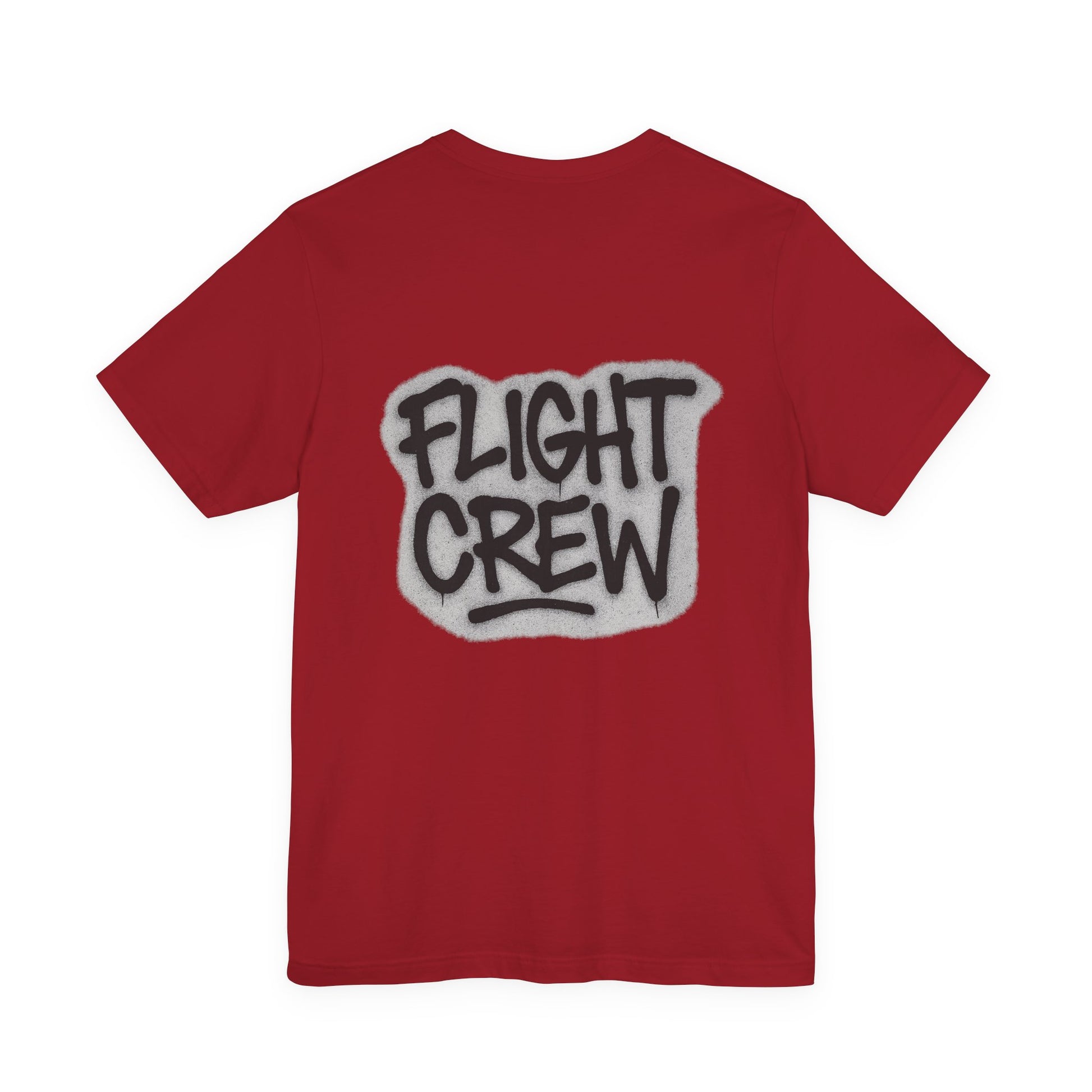 Red t-shirt with graffiti style 'FLIGHT CREW' text on a white background