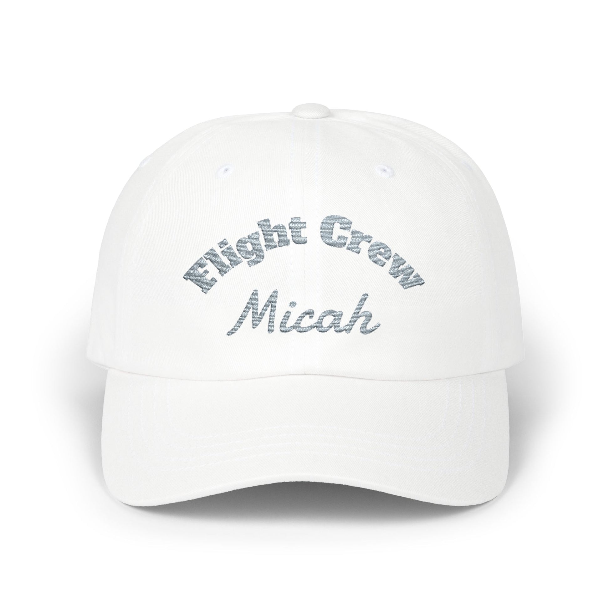 White cap with 'Flight Crew Micah' text on a white background