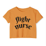 Orange crop top with 'flight nurse' text on a white background