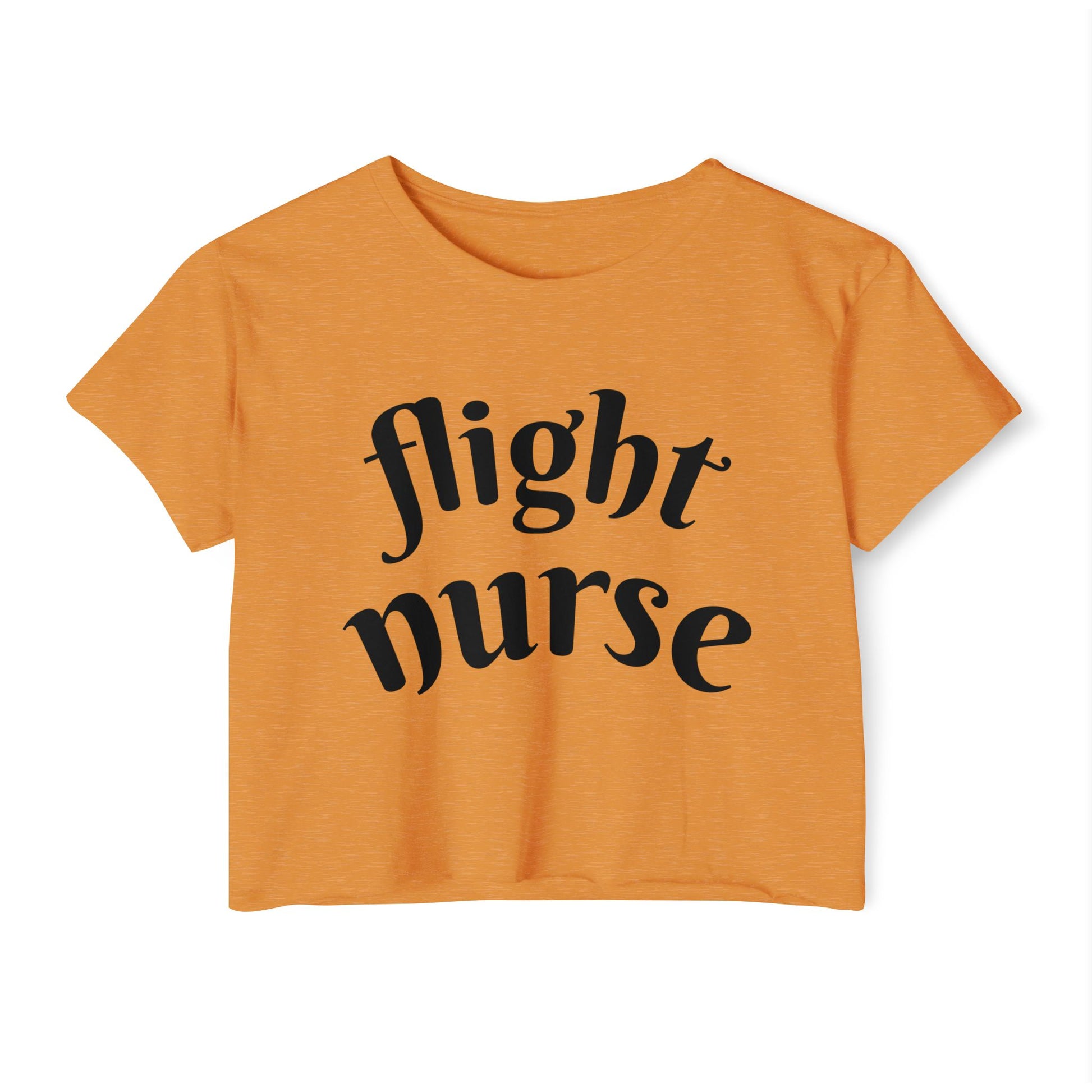 Orange crop top with 'flight nurse' text on a white background