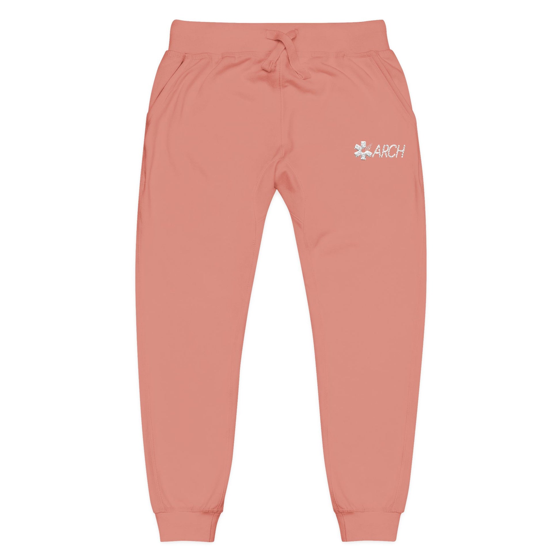 Pink joggers with embroidered ARCH logo by Rotor Wash & Wear