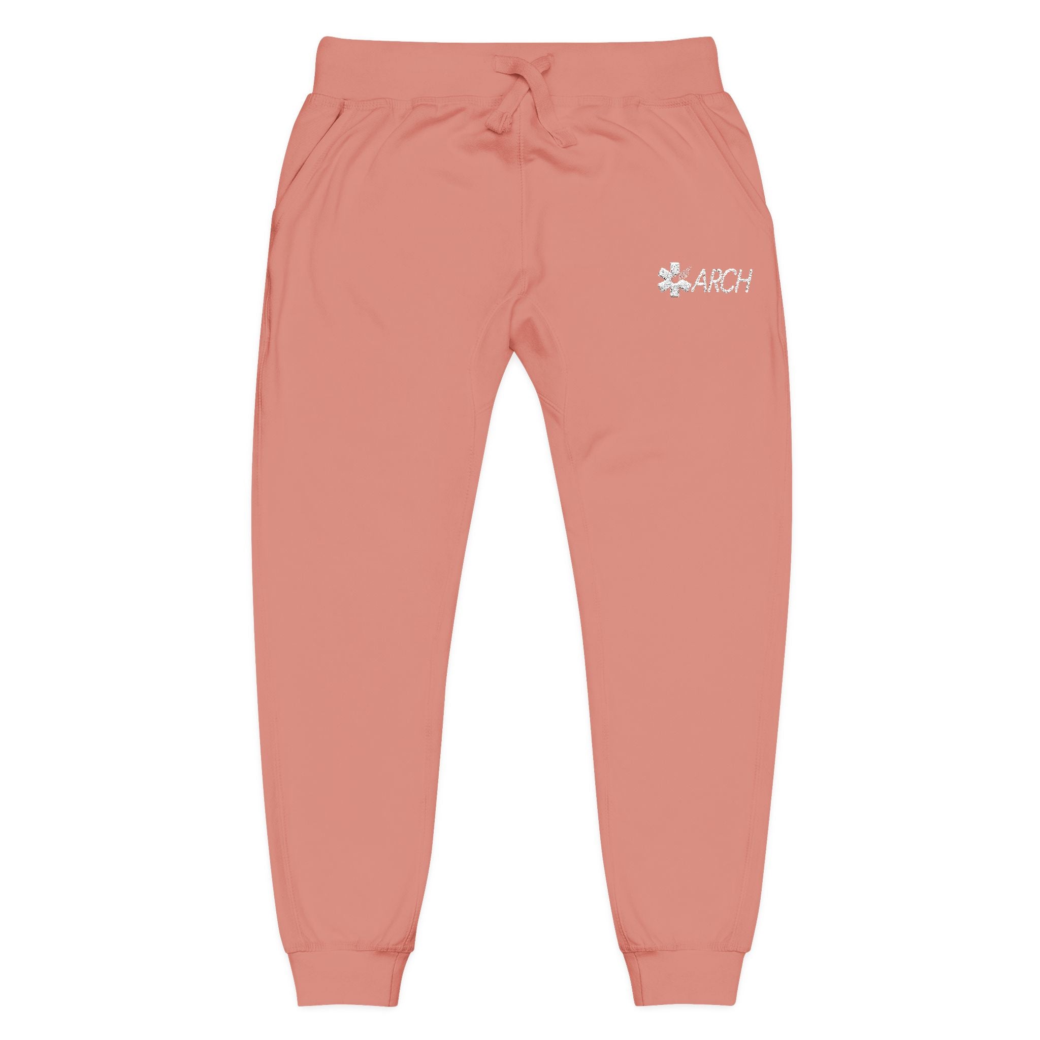 Pink joggers with embroidered ARCH logo by Rotor Wash & Wear