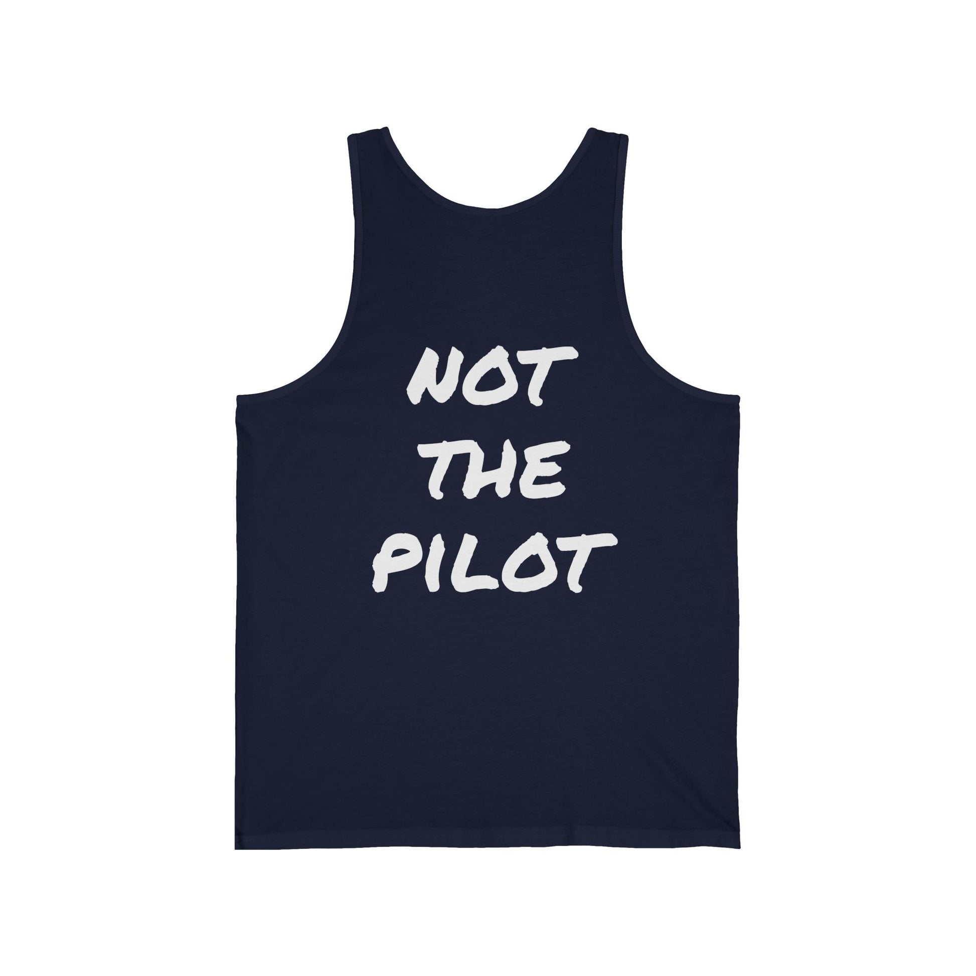 Navy tank top with 'NOT THE PILOT' text on a white background