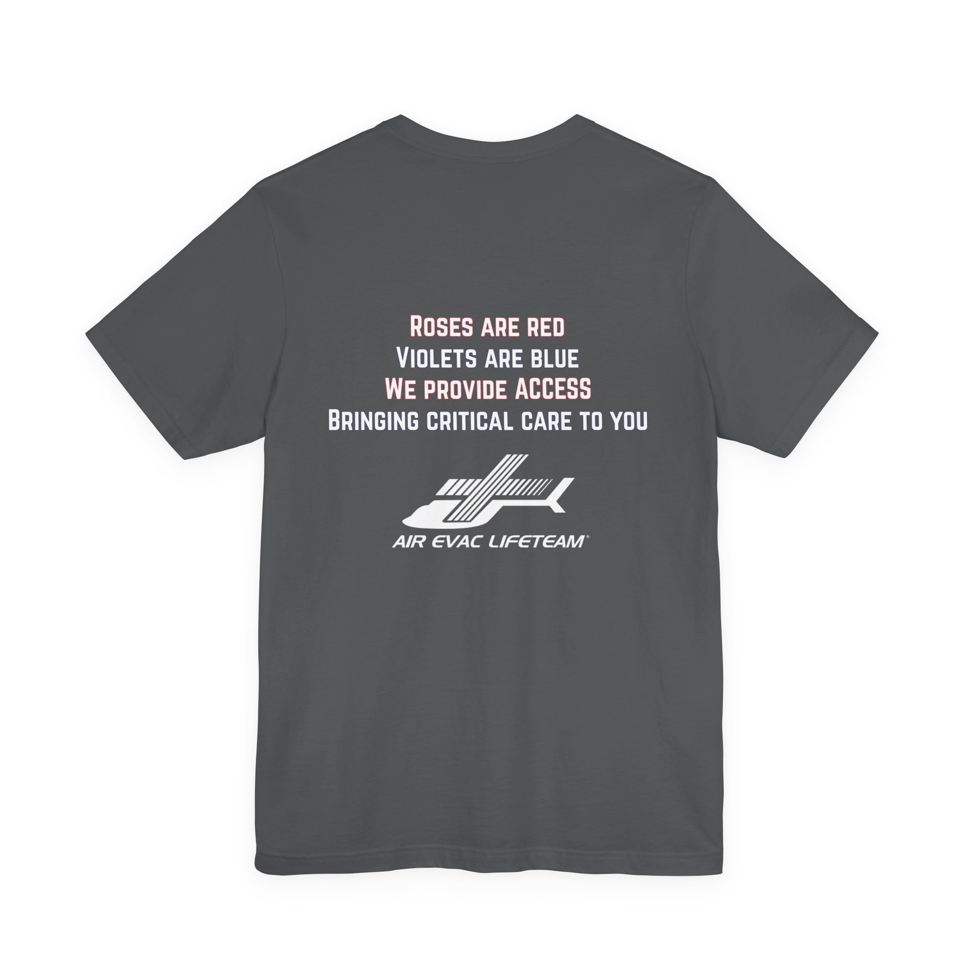 Gray t-shirt with Valentine's day poem and Air Evac Lifeteam logo on a white background
