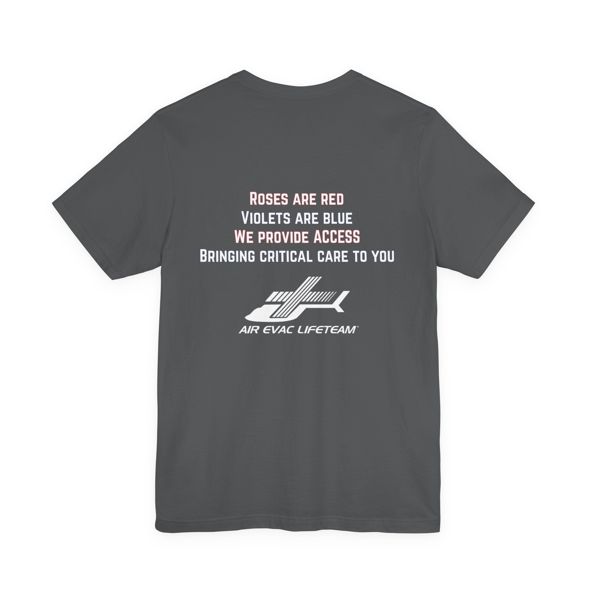Gray t-shirt with Valentine's day poem and Air Evac Lifeteam logo on a white background