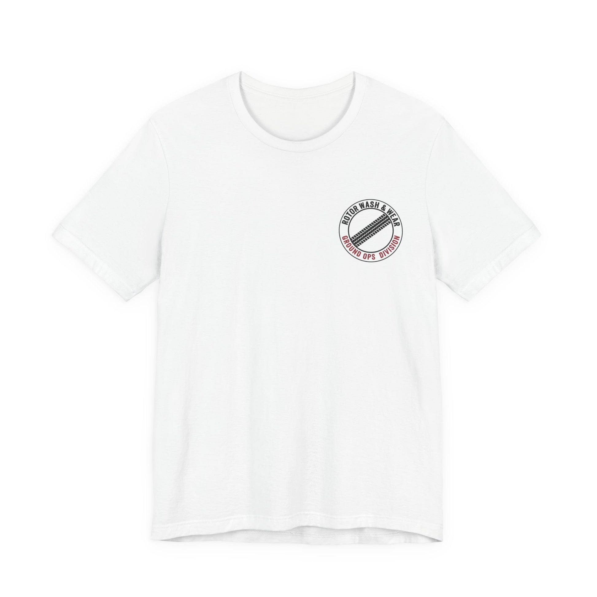 White t-shirt with a "Rotor Wash & Wear - Ground Ops Division" logo on the left chest on a white background