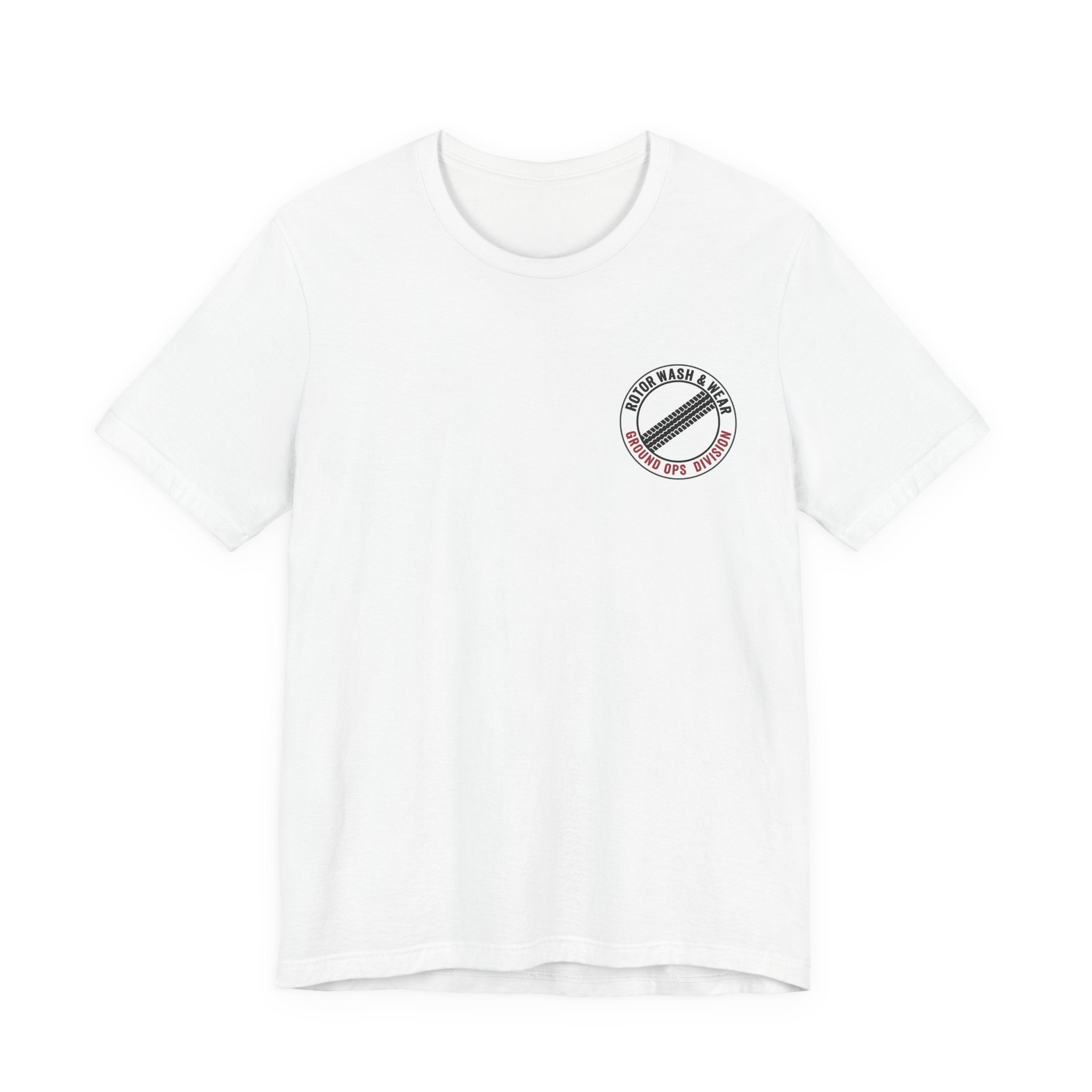 White t-shirt with a "Rotor Wash & Wear - Ground Ops Division" logo on the left chest on a white background
