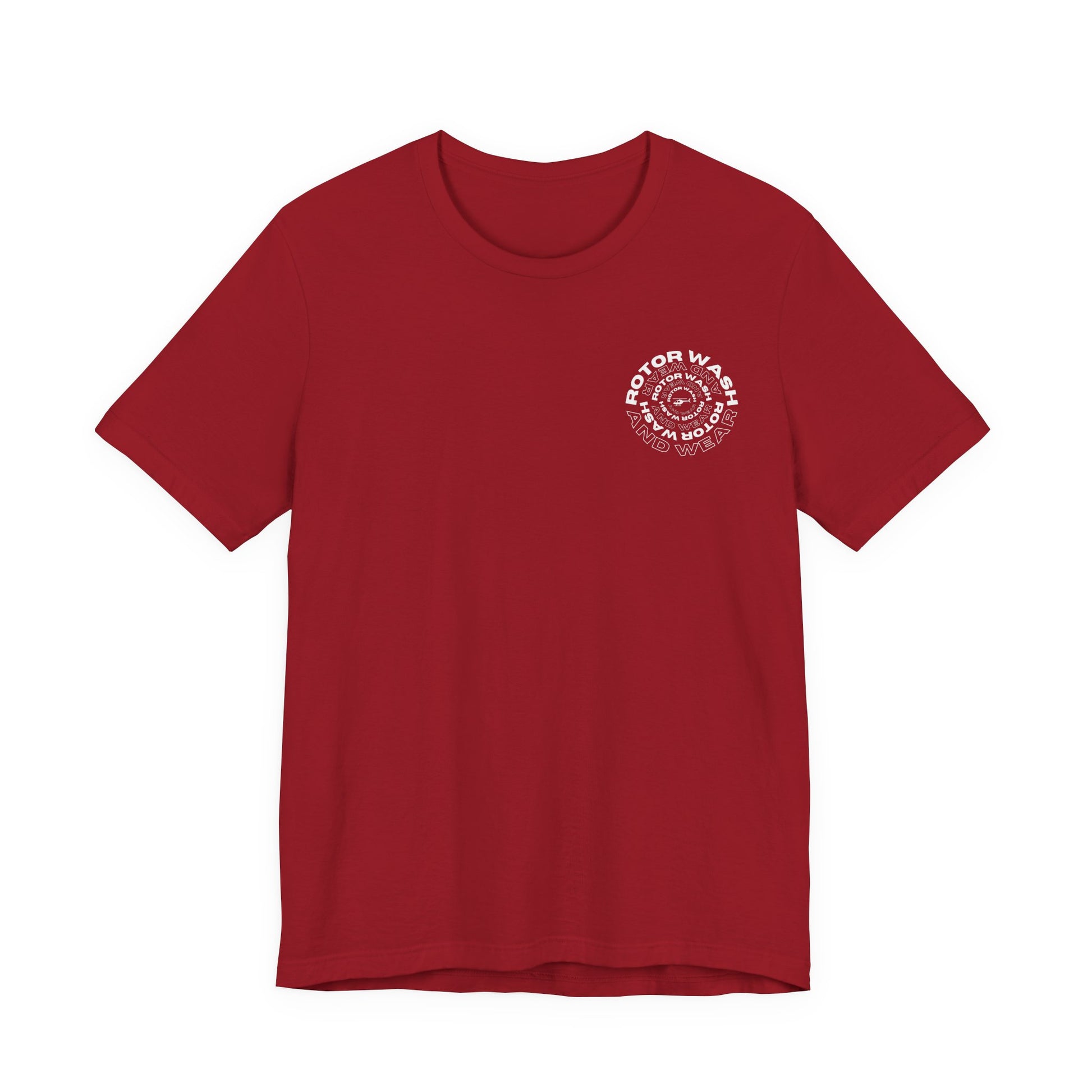 Red t-shirt with 'Rotor Wash and Wear' circular design text design on the left chest on a white background