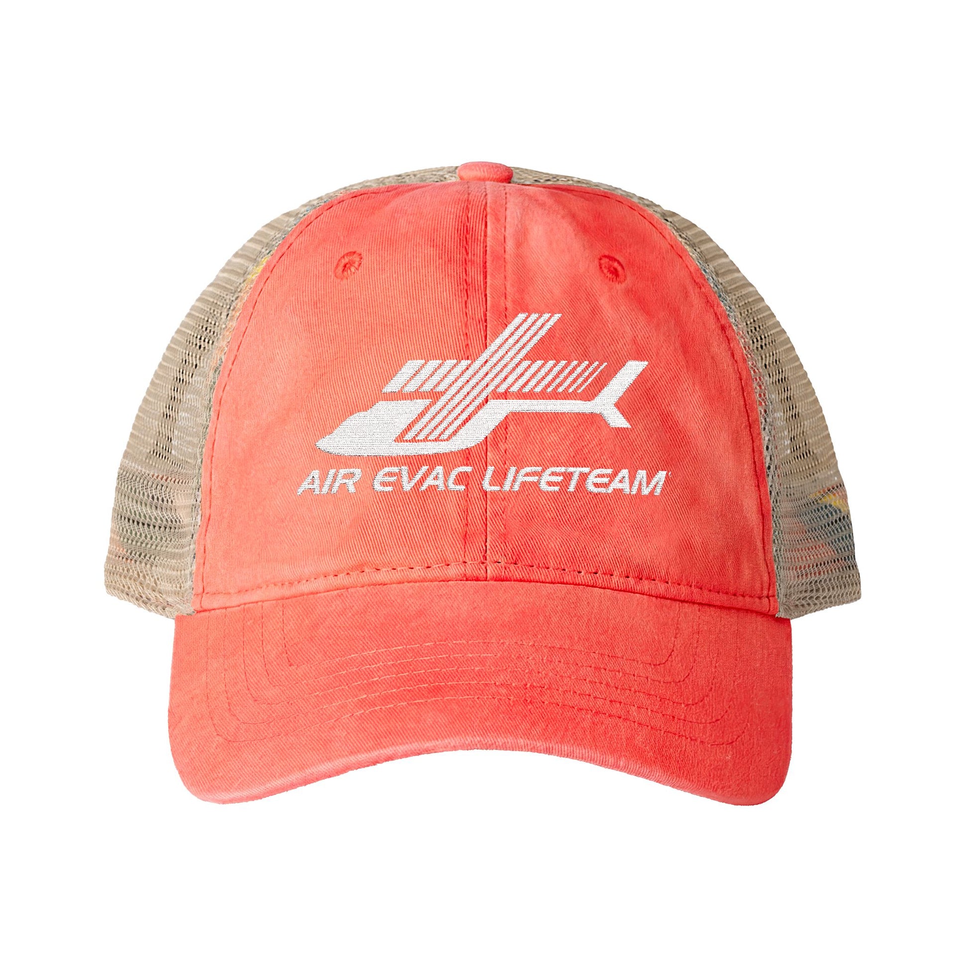 Peach women's trucker hat with beige mesh back and embroidered 'Air Evac Lifeteam' logo on a white background