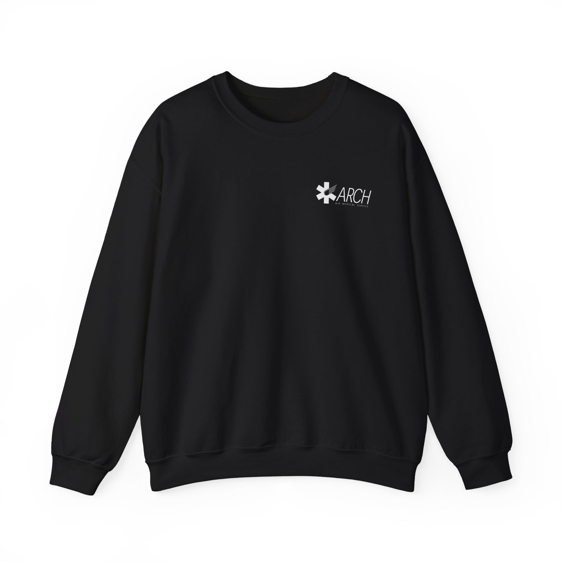 Black crewneck sweatshirt with a small ARCH by Air Methods logo on the left chest by Rotor Wash & Wear