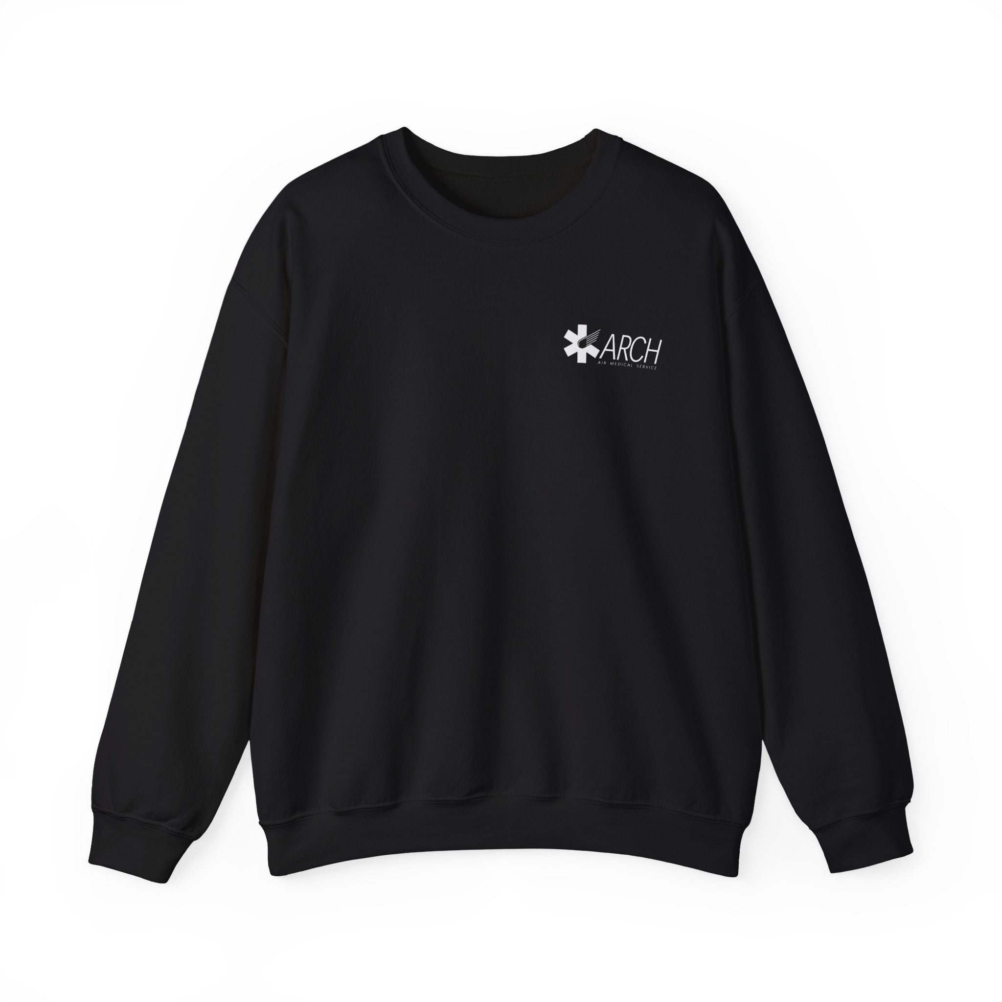 Black crewneck sweatshirt with a small ARCH by Air Methods logo on the left chest by Rotor Wash & Wear