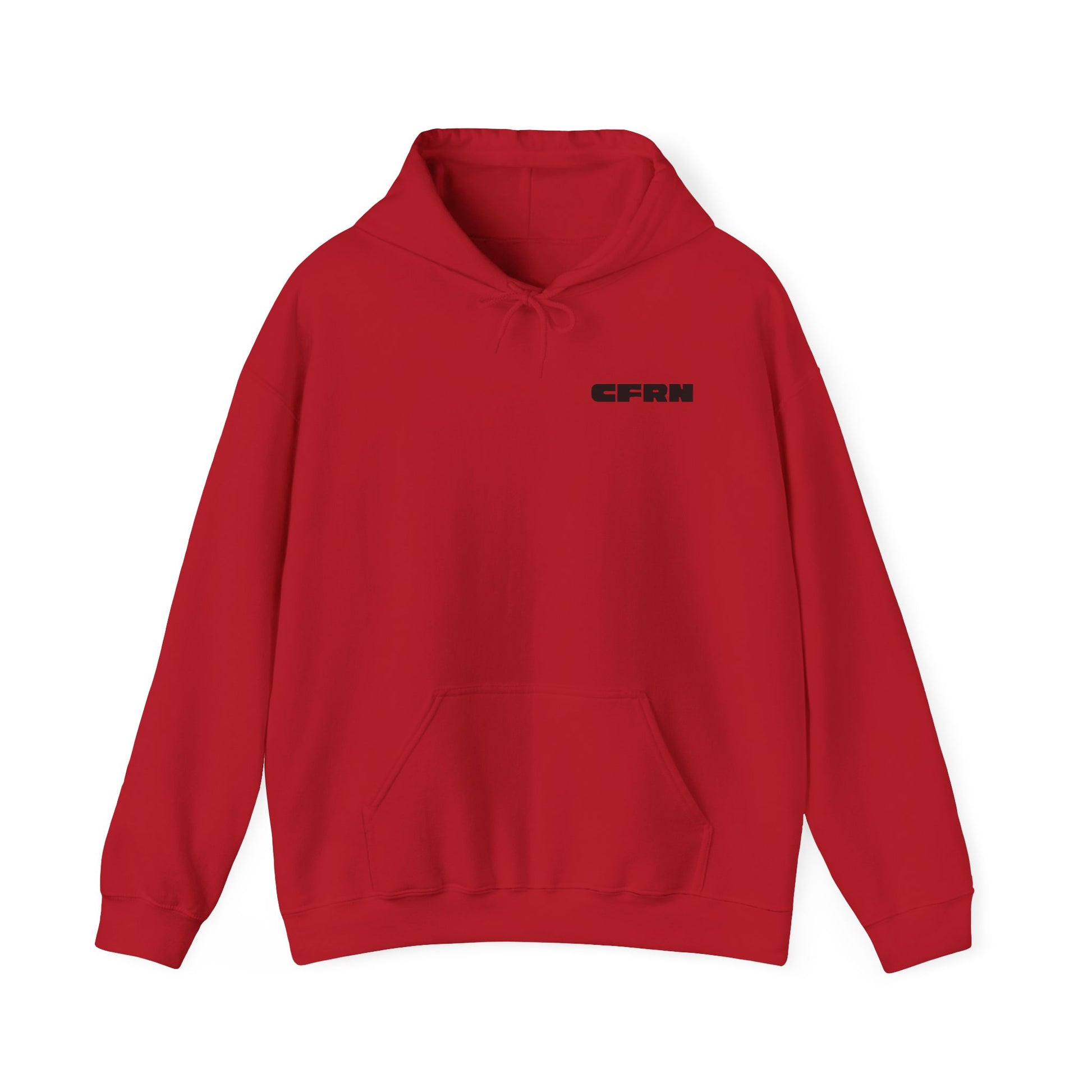 Red hoodie with 'CFRN' logo on a white background