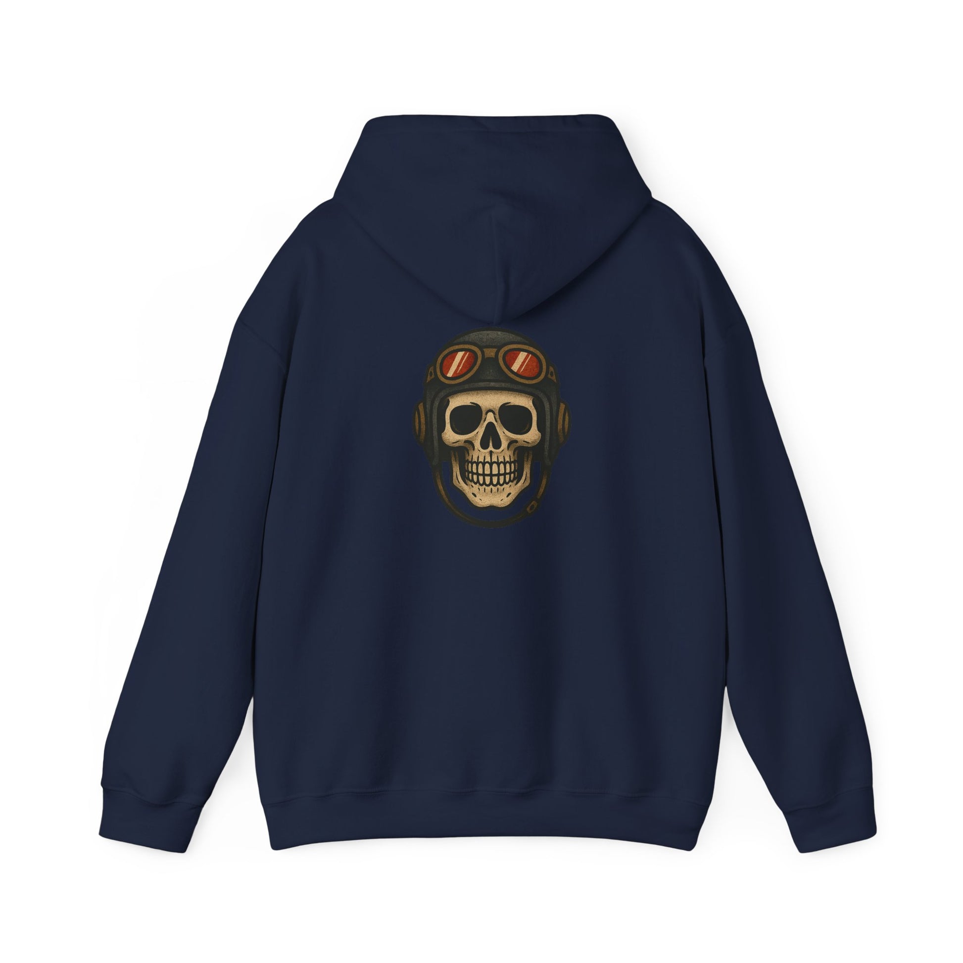 Navy hoodie with an american traditional style skull wearing a flight helmet on a white background