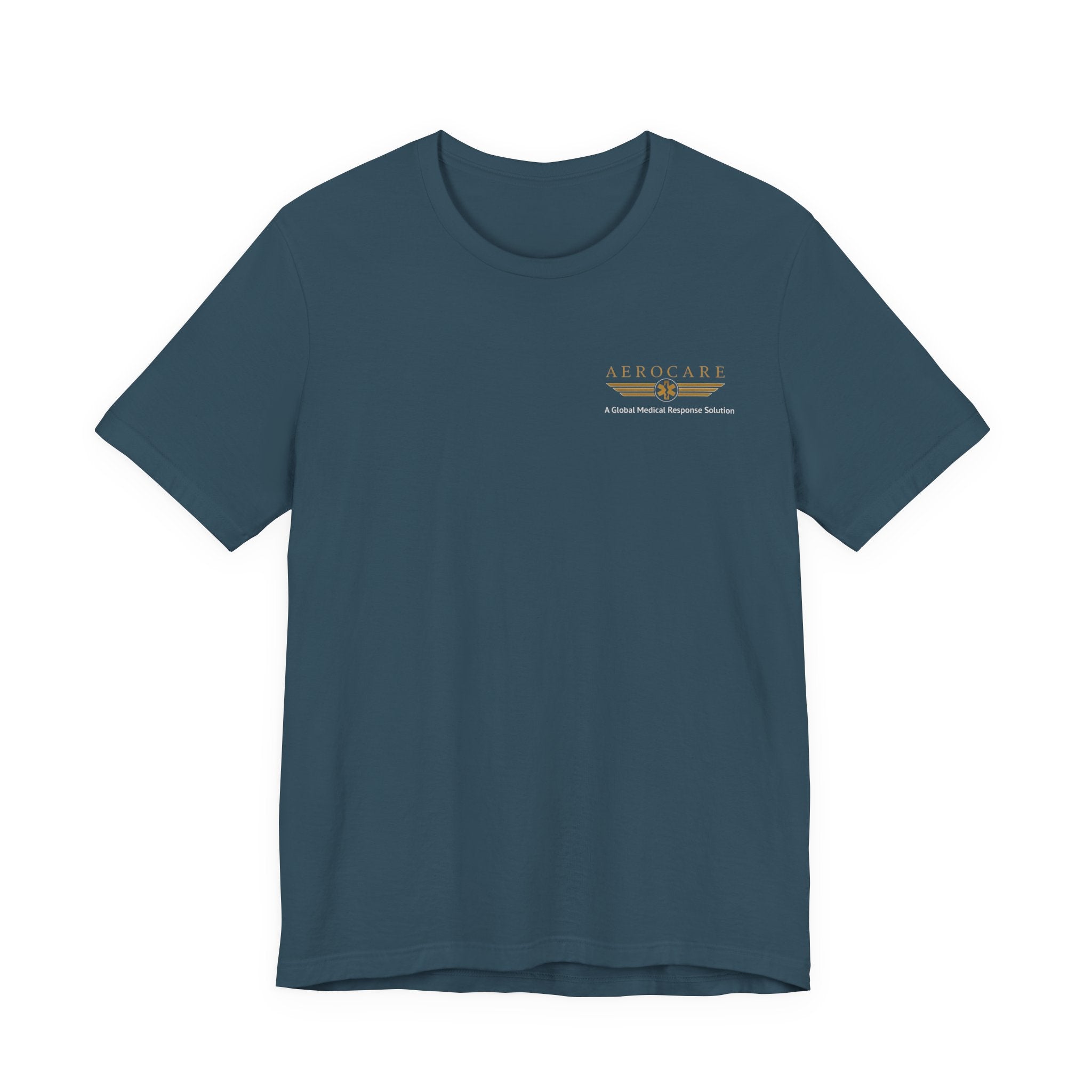 Teal blue t-shirt with Aerocare logo on a white background