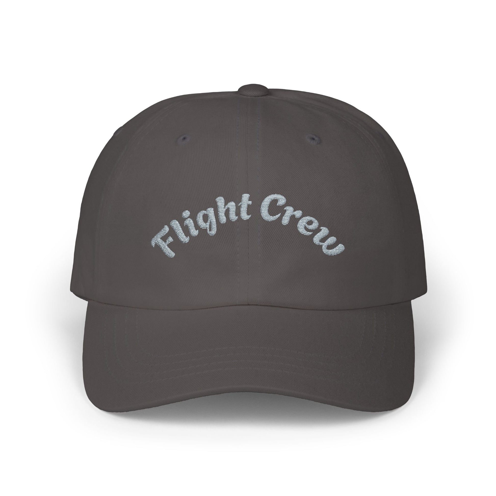 Dark gray cap with 'Flight Crew' text on a white background