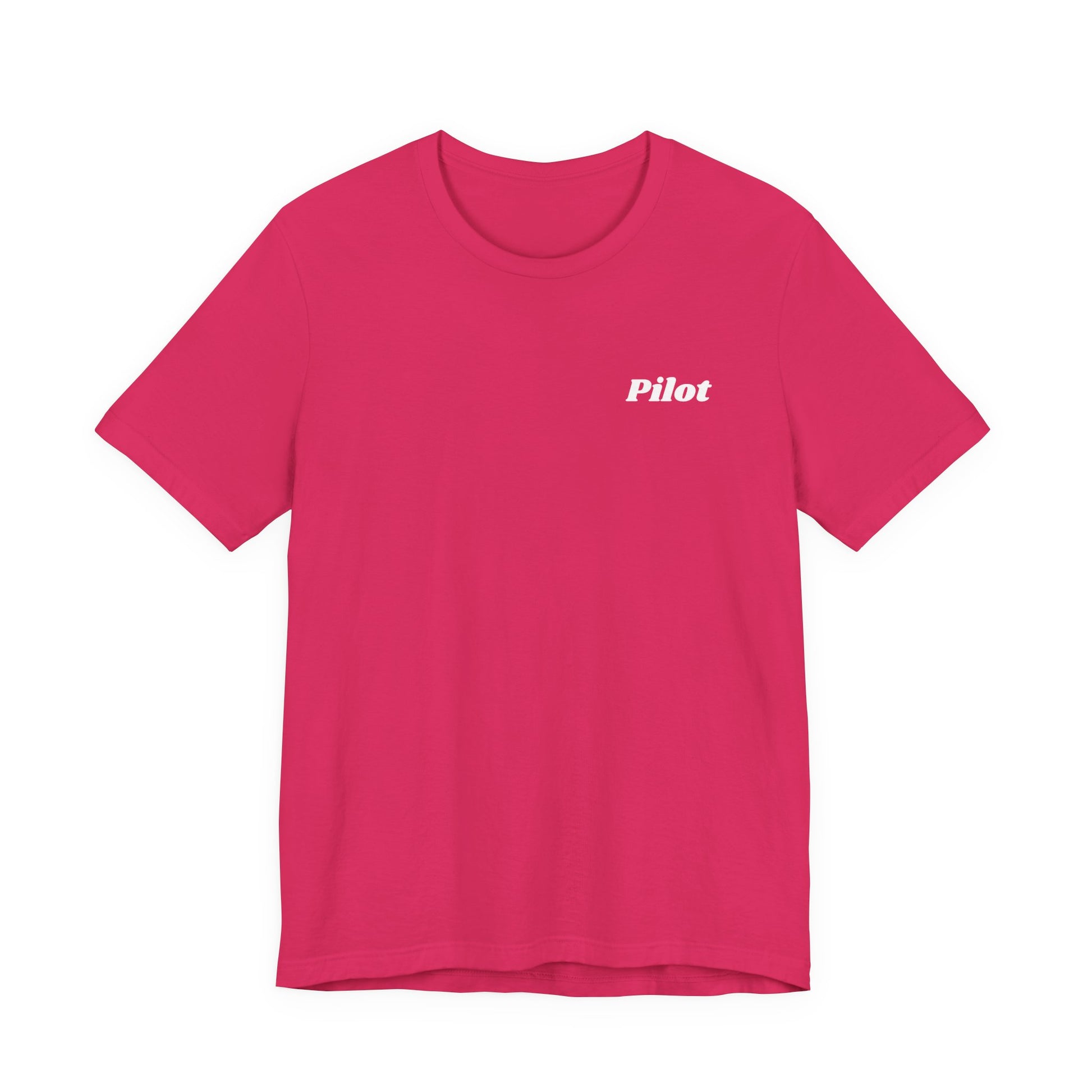 Pink t-shirt with 'Pilot' text on a white background